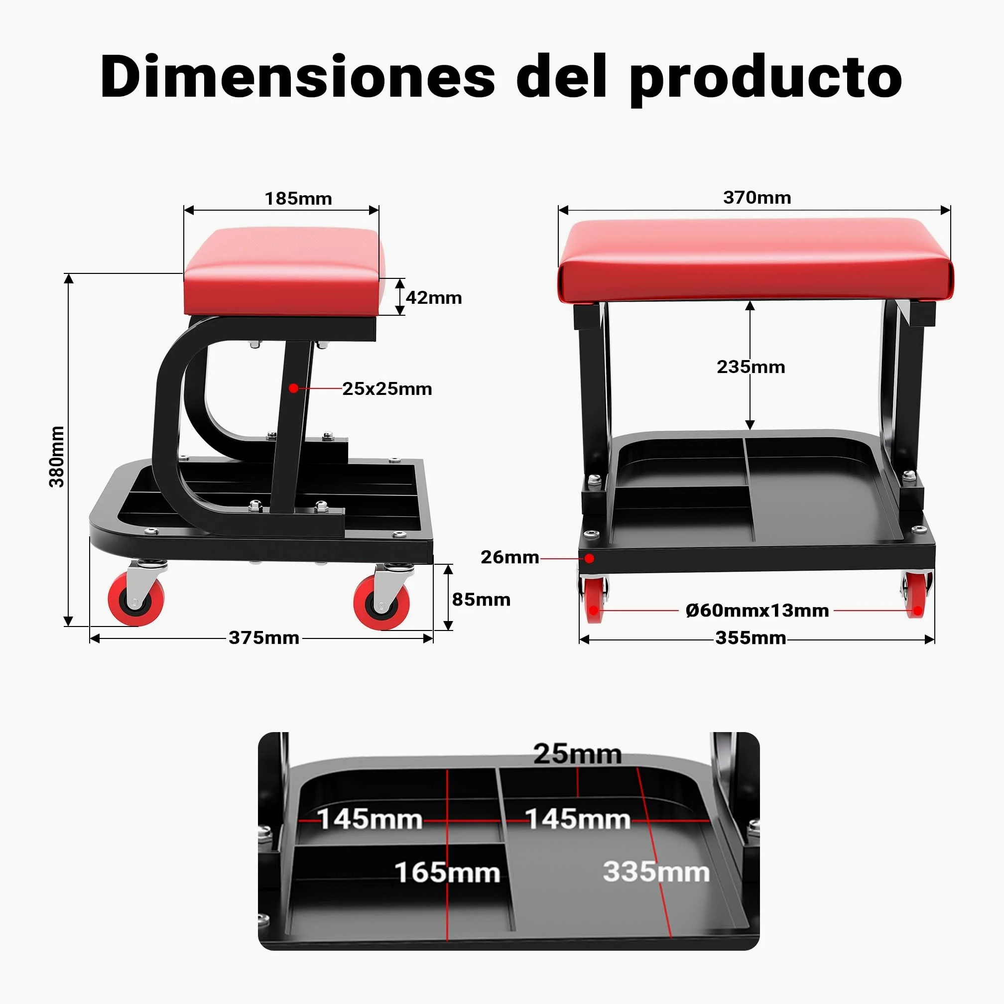 WilTec Asiento Taller Taburete Trabajo Móvil Ruedas Bandeja Porta Herramientas Almacenaje Taller mecánico