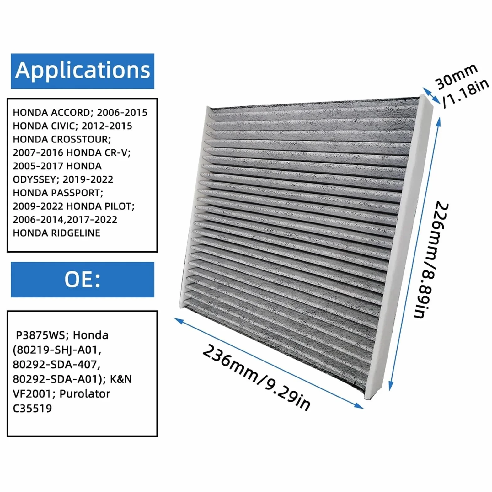 Filtro de aire de fibra de carbono para Acura TSX (2004-2014), CF10134, 80219-SHJ-A01, 80292-SDA-407, 80292-SDA-A01 Filtro de Habitáculo Antipolen(10PCS)