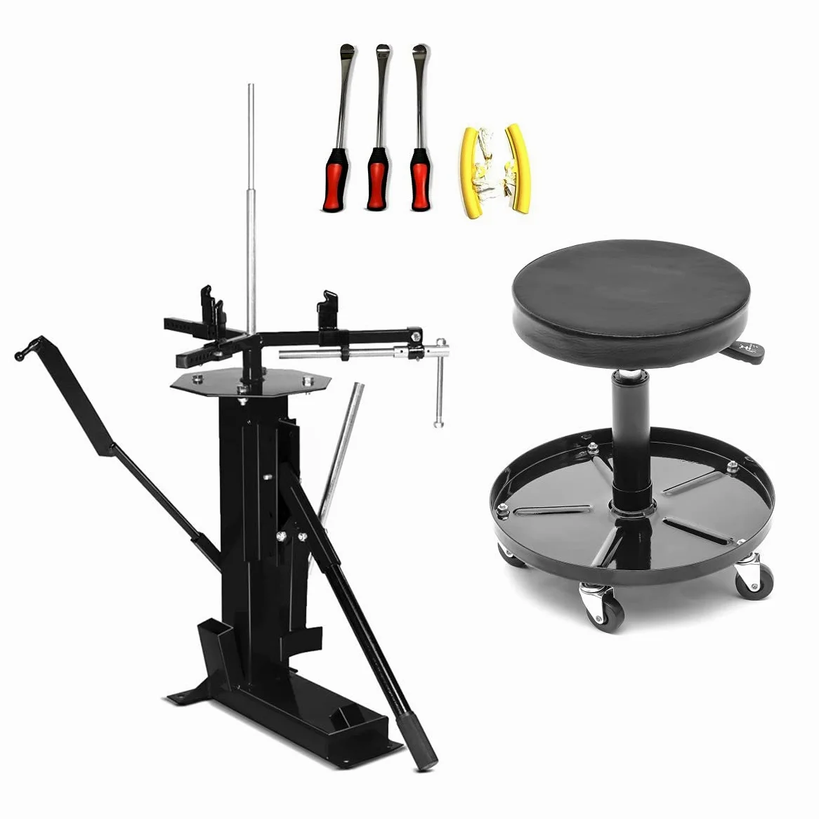 Set Destalonadora de neumaticos Moto + Cuchara neumatico + Silla Camilla Taller