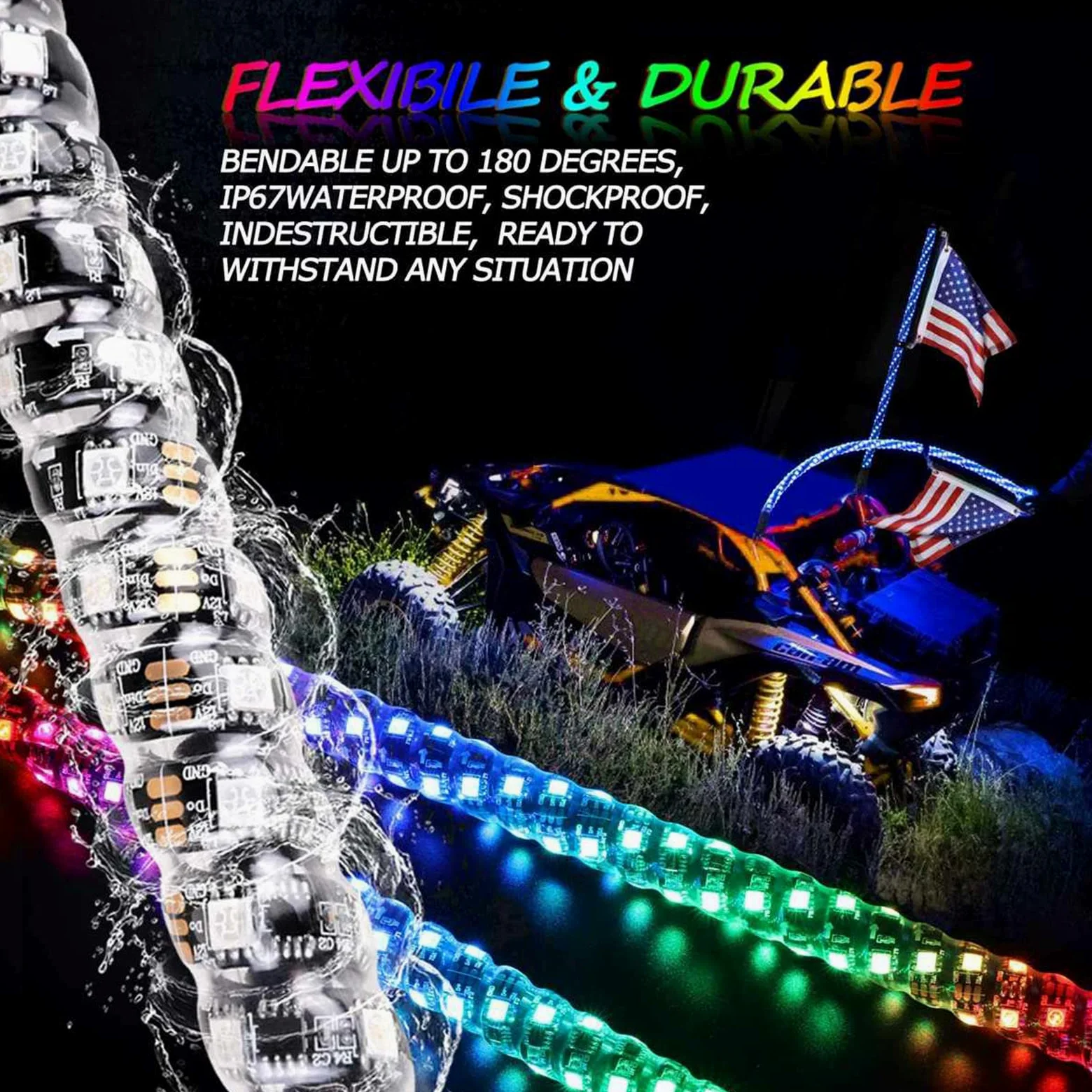 2 luces de látigo LED RGB en espiral de 3 pies con control remoto, luz de persecución/baile, látigos de antena iluminados de advertencia todoterreno, 366 modos para Can-am ATV UTV RZR Polaris Dune Bug