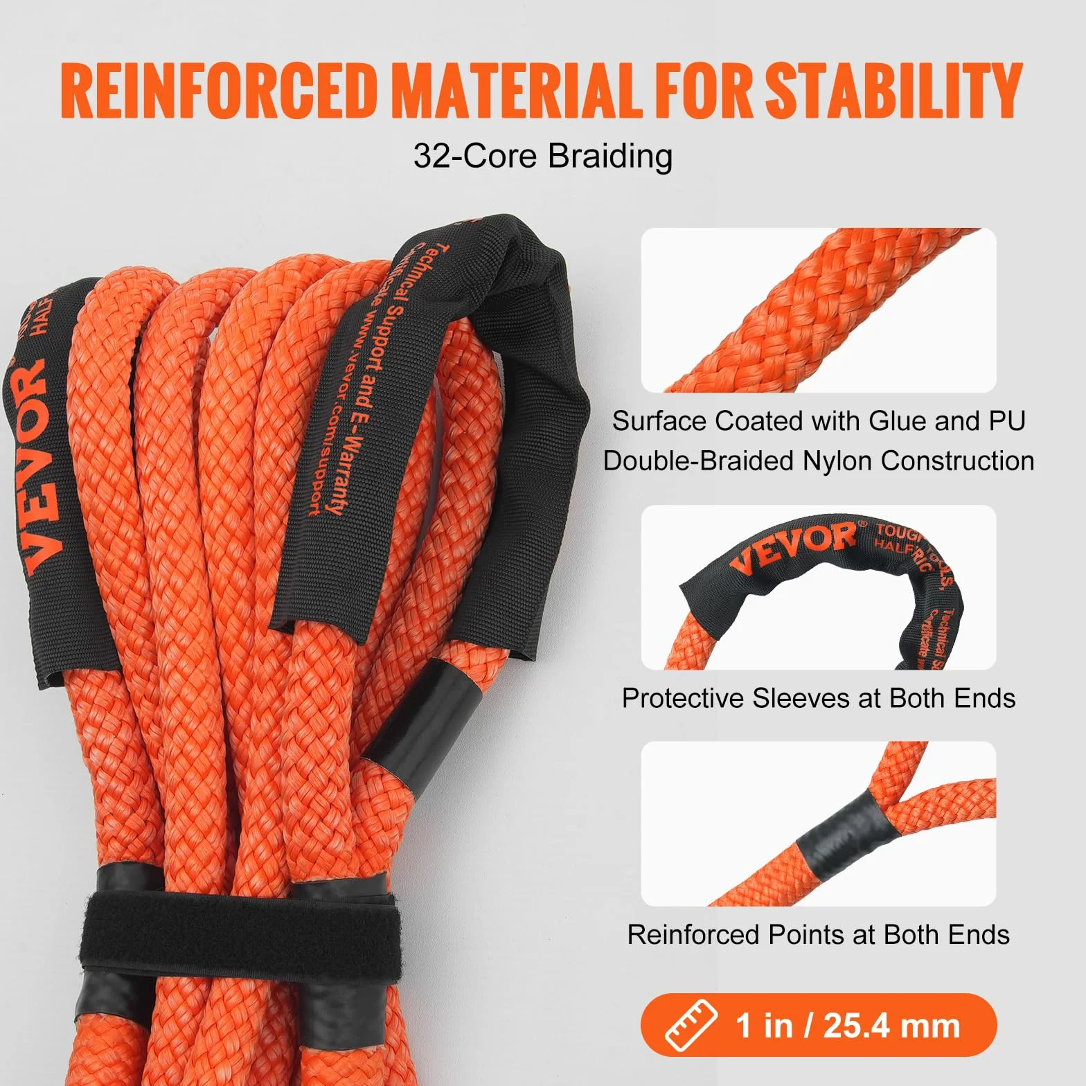 VEVOR Cuerda de Remolque de Nilón de Recuperación Cinética de 25,4 mm x 6,1 m, Carga de 17237 kg, Correa de Arranque Resistente de Energía de Elasticidad Extrema para Jeep, Camión, SUV, Tractor