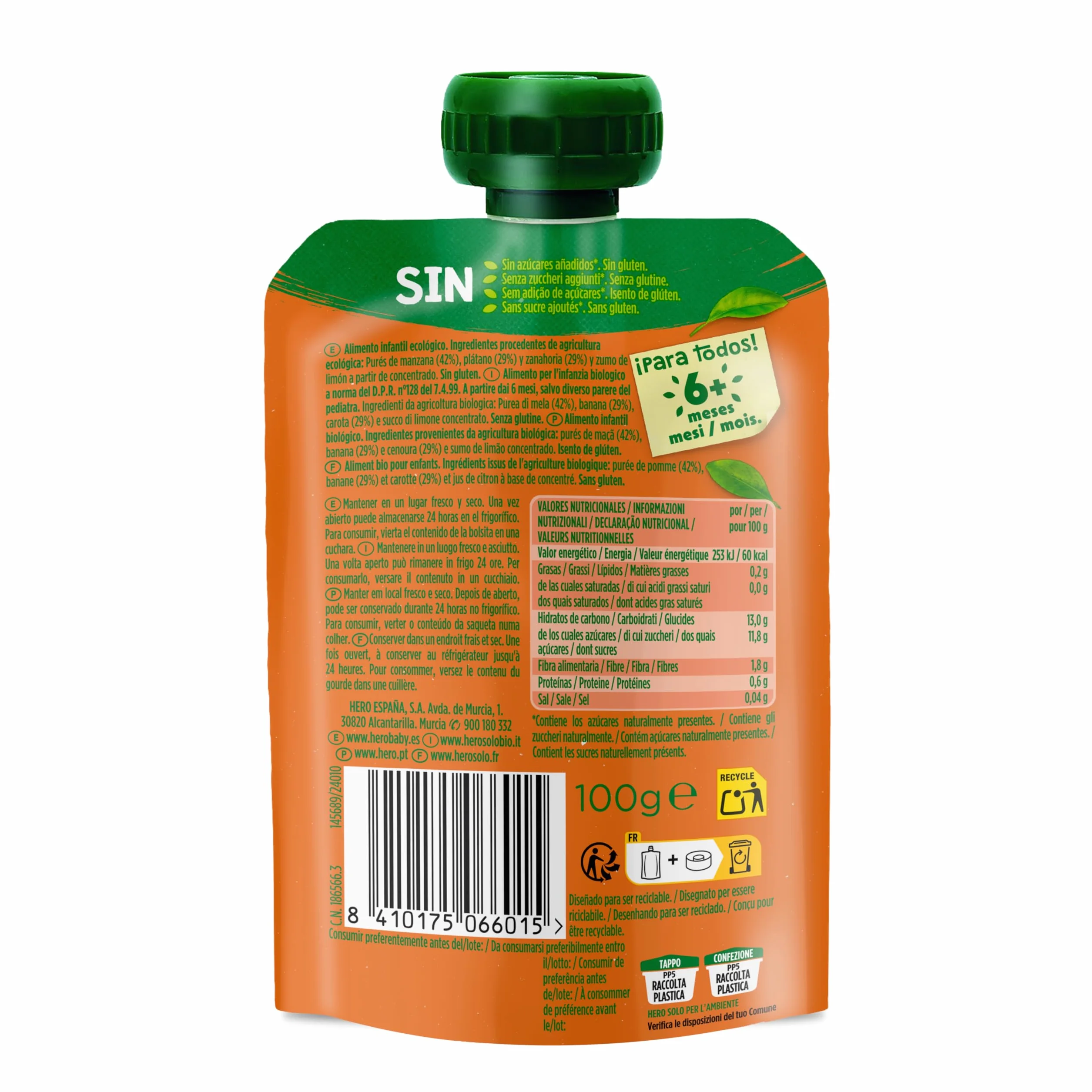 Hero Solo Bolsitas Ecológicas de Manzana, Plátano y Zanahoria BIO para Bebés 6 Meses 100g