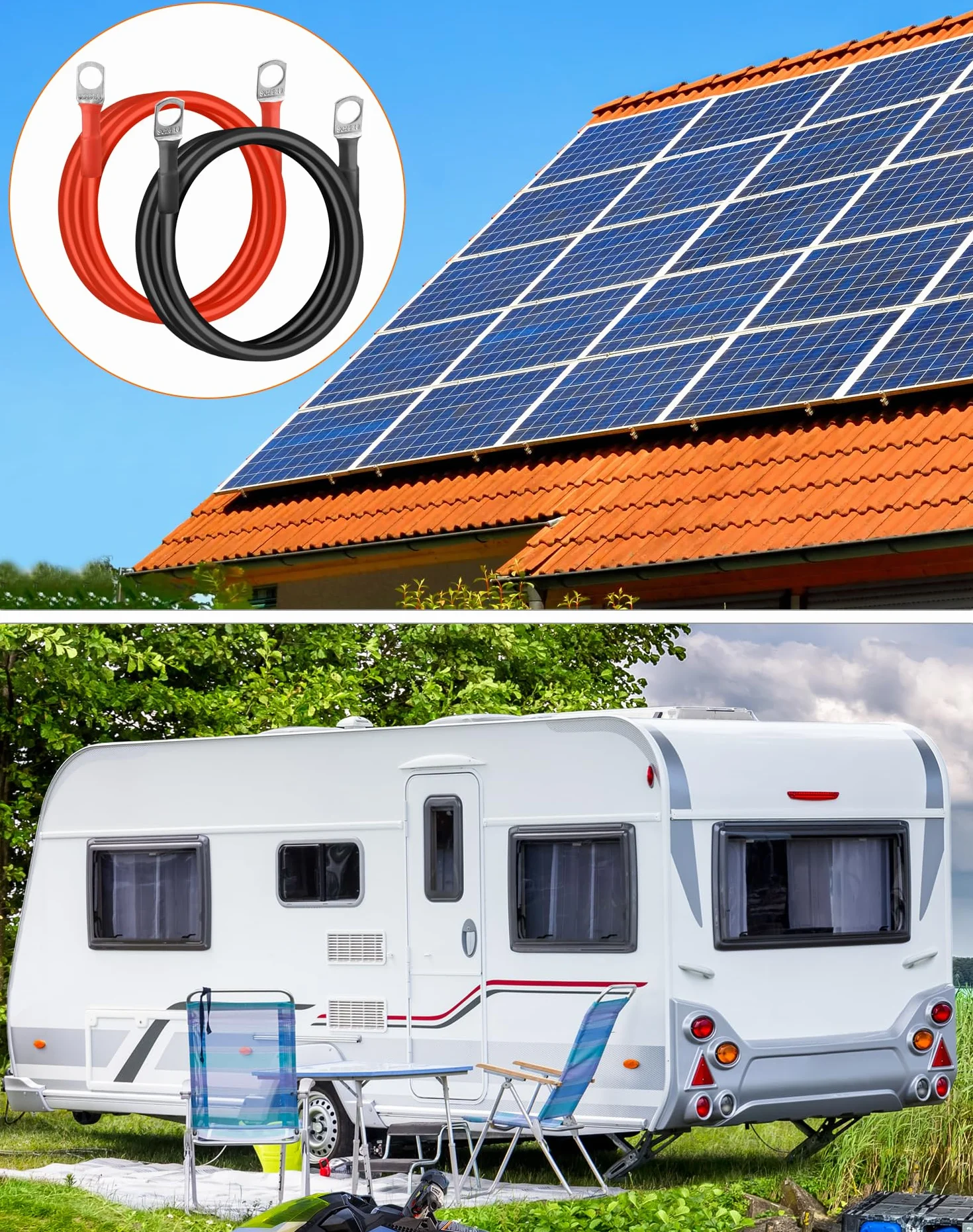 QWORK® 2 Piezas 100 cm Cable de Arranque Batería 25mm² 3AWG con Terminales Anillo M10 para Automóviles, Camiones, Motos, RV, Marino y Solar