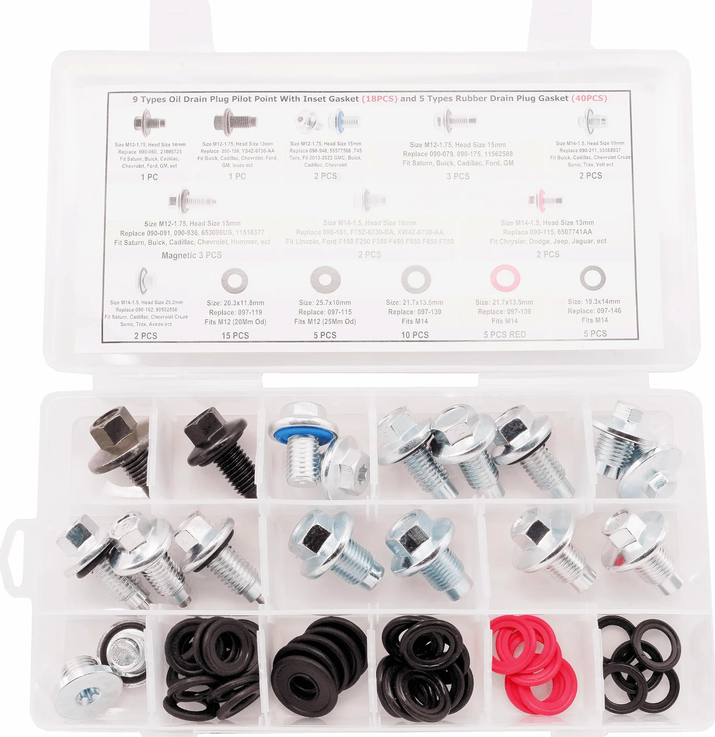 Surtido de 9 tipos de tapones de drenaje de aceite (18 piezas) y 5 tipos de juntas de goma (40 piezas) para GMC, Buick, Cadillac, Chevrolet, Ford, sustituye 090-115, 653116US, 090-091