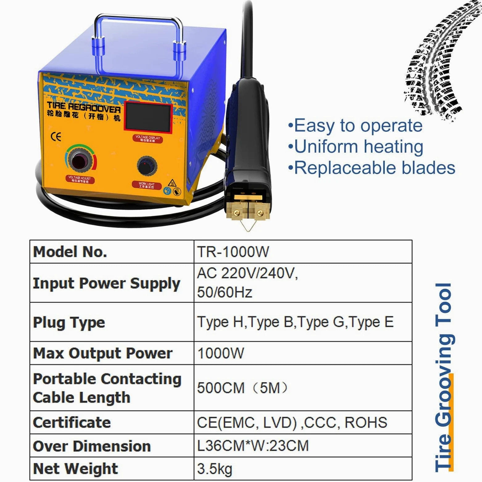 Kit de herramientas portátil de 1000 W para regroover y ranurado de neumáticos para camiones, coches, cuatrimotos, cable de 5 m, uso industrial