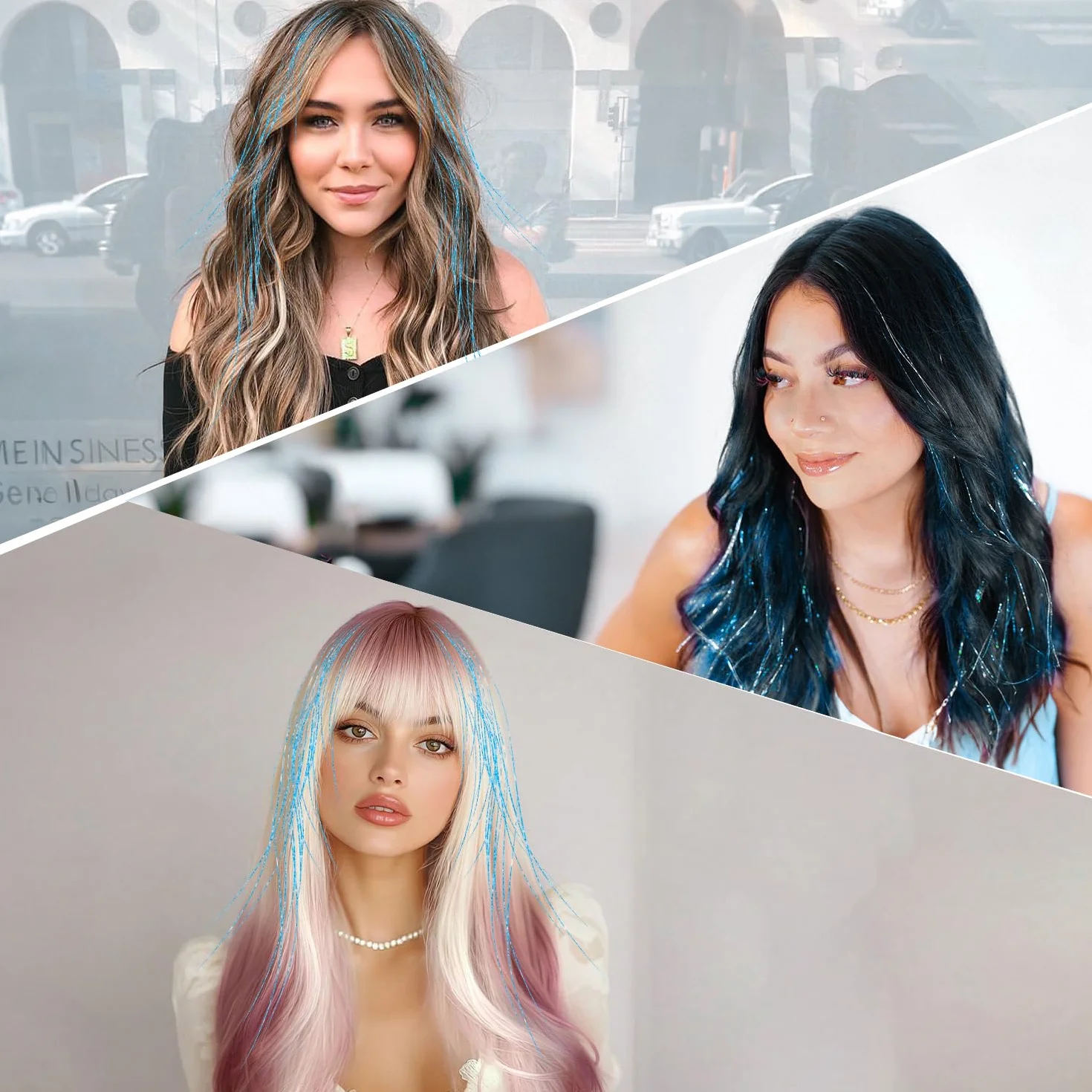 Kit de Tinsel Azul de 47 Pulgadas, Mechones de Extensiones de Pelo Brillante para Mujeres y Niñas, Accesorios de Fiesta