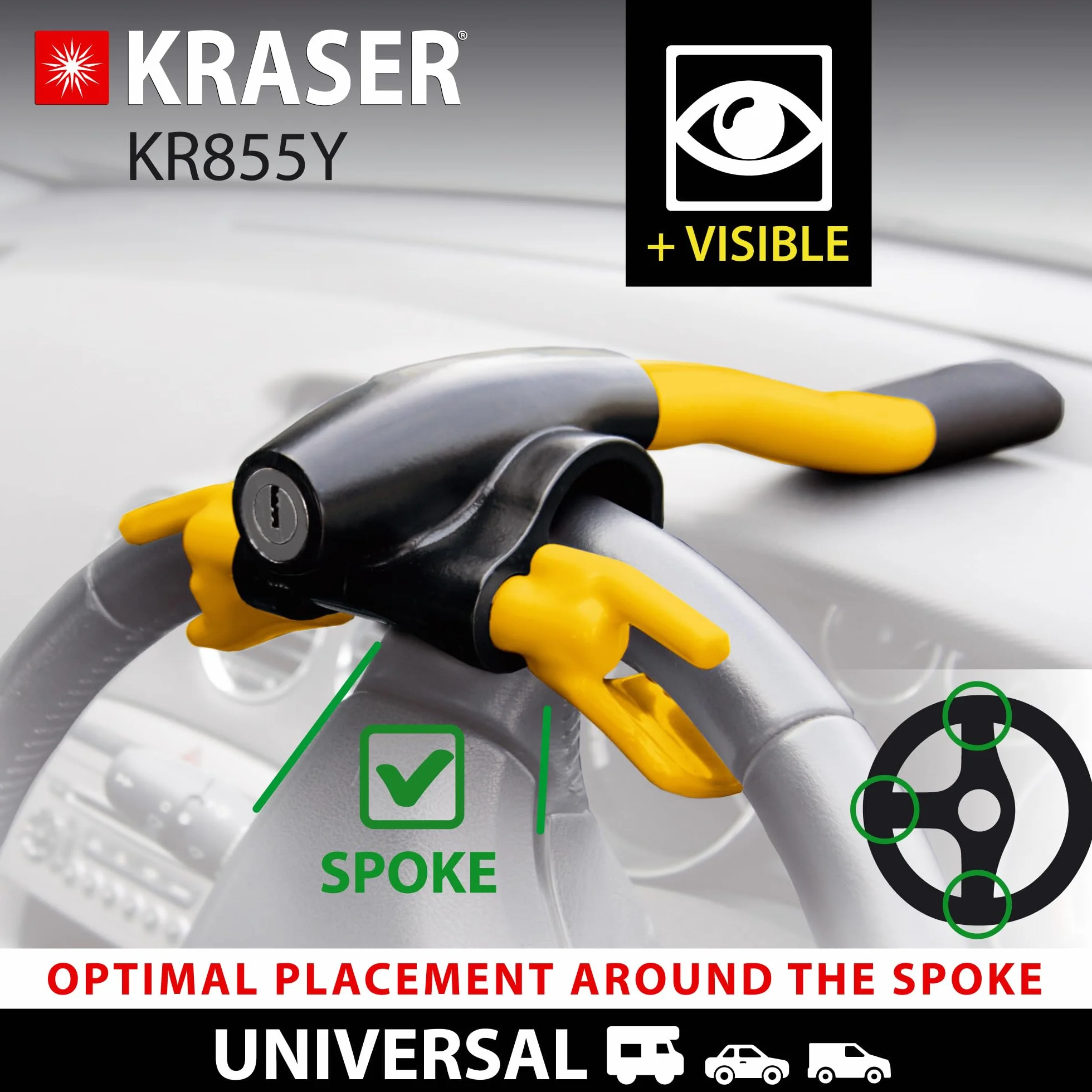 KRASER KR855Y Antirrobo Coche Volante Salpicadero Más Visible, Seguridad Extra Alrededor del Radio, Cierre Más Rápido Sin Llave, Bloqueo Barra Antirobo Universal para Camper, SUV, Autocaravana, Auto