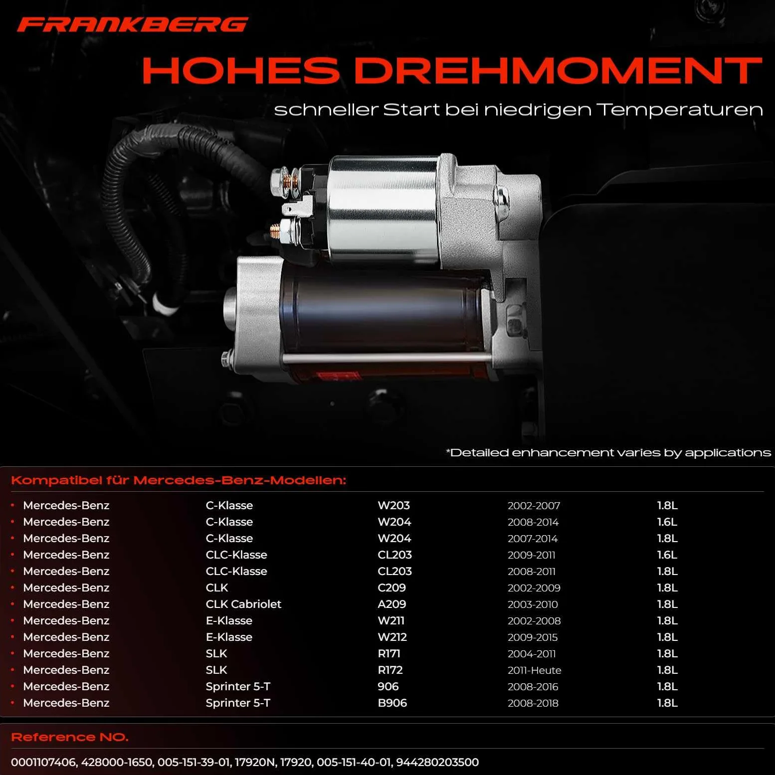 Frankberg Motor de arranque 1 1 kW 12 V 9 dientes 0001107406 | gasolina; Compatible con: Autobús Sprinter 3-T 906, Coupé Clase C C204, Clase CLC CL203, SLK R171, CLK Cabriolet A209