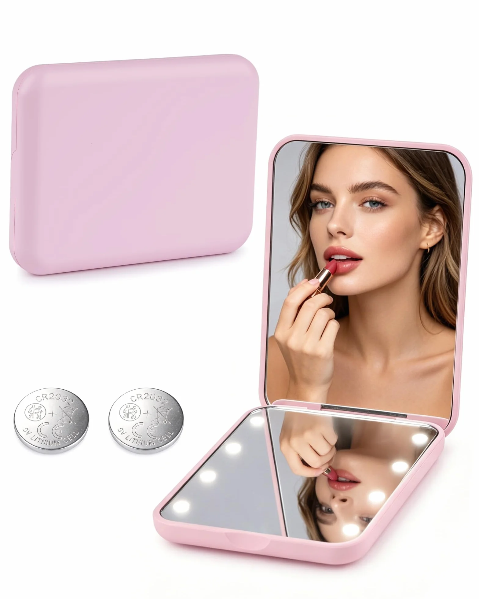 Espejo Maquillaje con Luz LED Plegable Aumento 1x/2x Portátil Rosa