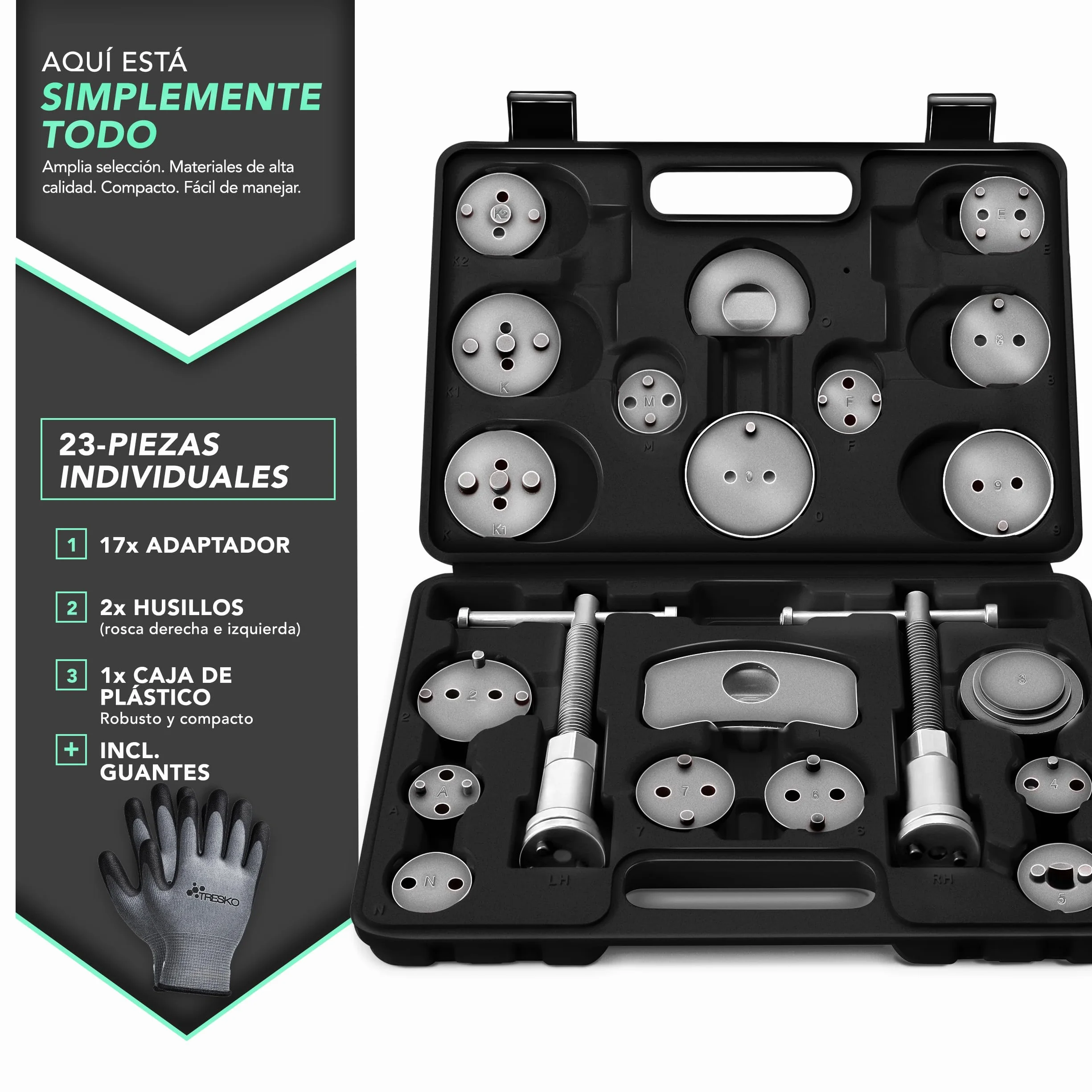 TRESKO® Reposicionador de pistones de Freno 23 Piezas Incl. Guantes para reposicionar el pistón de Freno al Cambiar los Discos, Las Zapatas o Las Pastillas de Freno