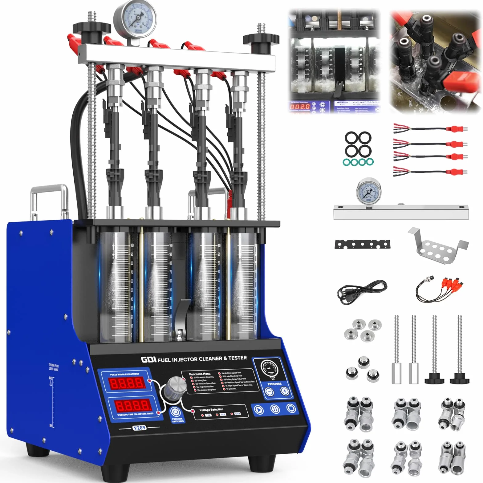 Limpiador y probador de inyectores de ondas ultrasónicas V209 GDI EFI FSI Piezo 220V inyector de combustible limpiador de 4 cilindros, 10 funciones de limpieza automática y comprobación para inyector