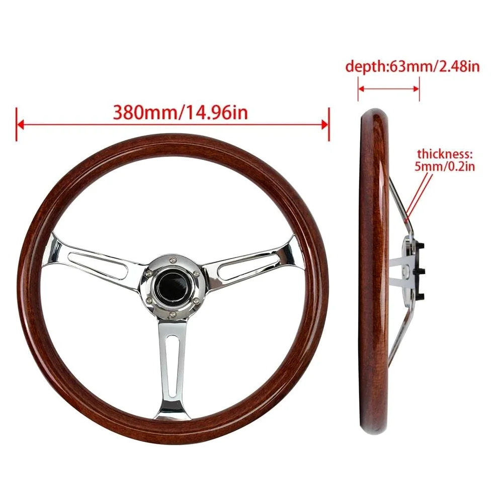 Volante antideslizante Volante Deportivo Universal Clásico 15 Pulgadas 380mm Copia Grano Madera 3 Radios Orificio Largo Con Botón Bocina(GZFXP026-16)