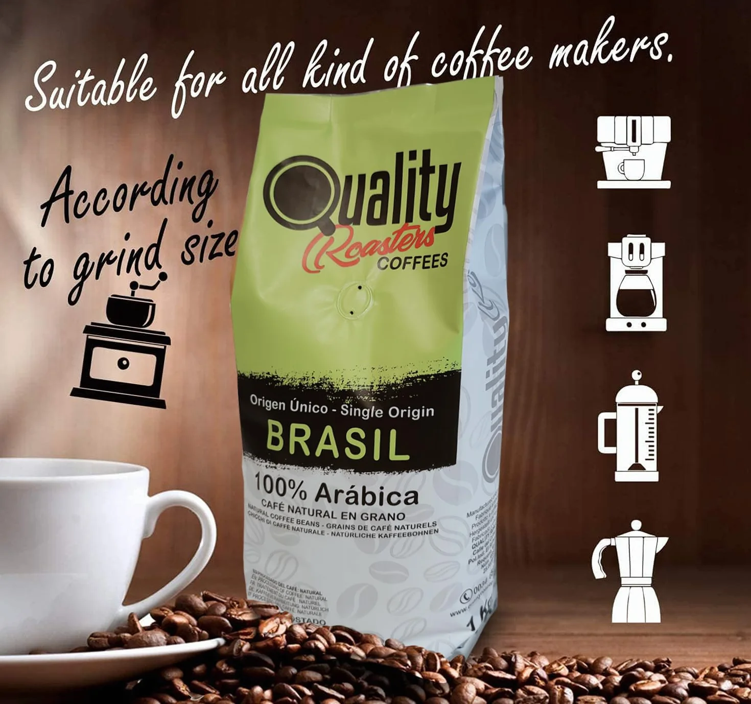 Café en grano natural 100% Arábica Origen único Brasil Tostado artesanal Tueste medio 1 kg