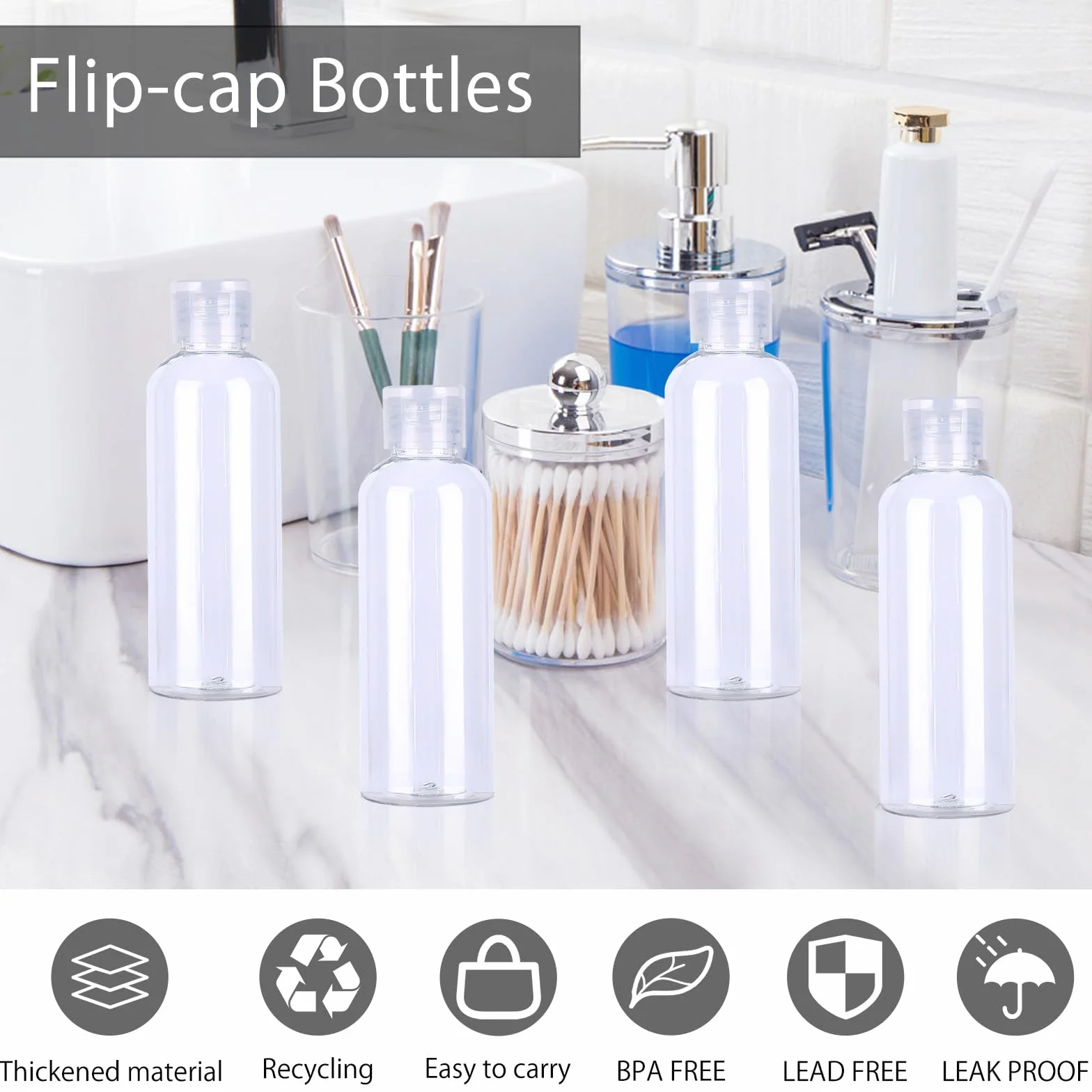 Juego de botellas de viaje 100 ml plástico transparente con tapa abatible 10 piezas para champú acondicionador loción