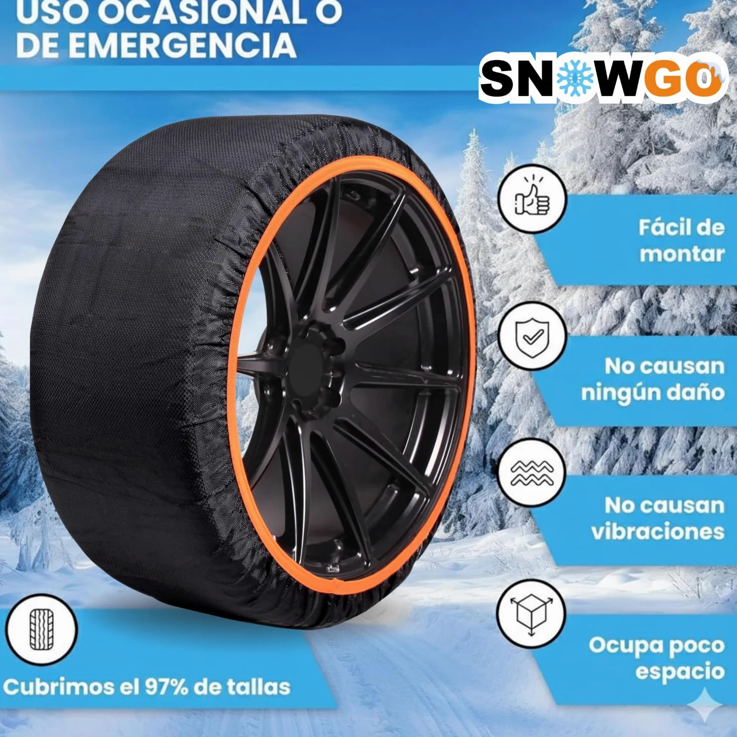 SNOWGO - Juego de 2 cadenas textiles para nieve - Talla XS a XXL - Homologado 16662-1 Europa - Adecuado para vehículos 4x4, vehículos eléctricos, furgonetas y vehículos comerciales <3,5T. (XL)
