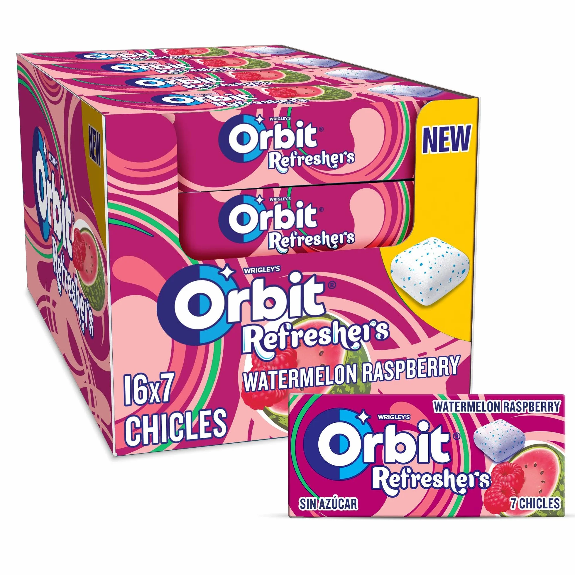 Orbit Refreshers Chicles sin azúcar sabor sandía y frambuesa, 16 paquetes