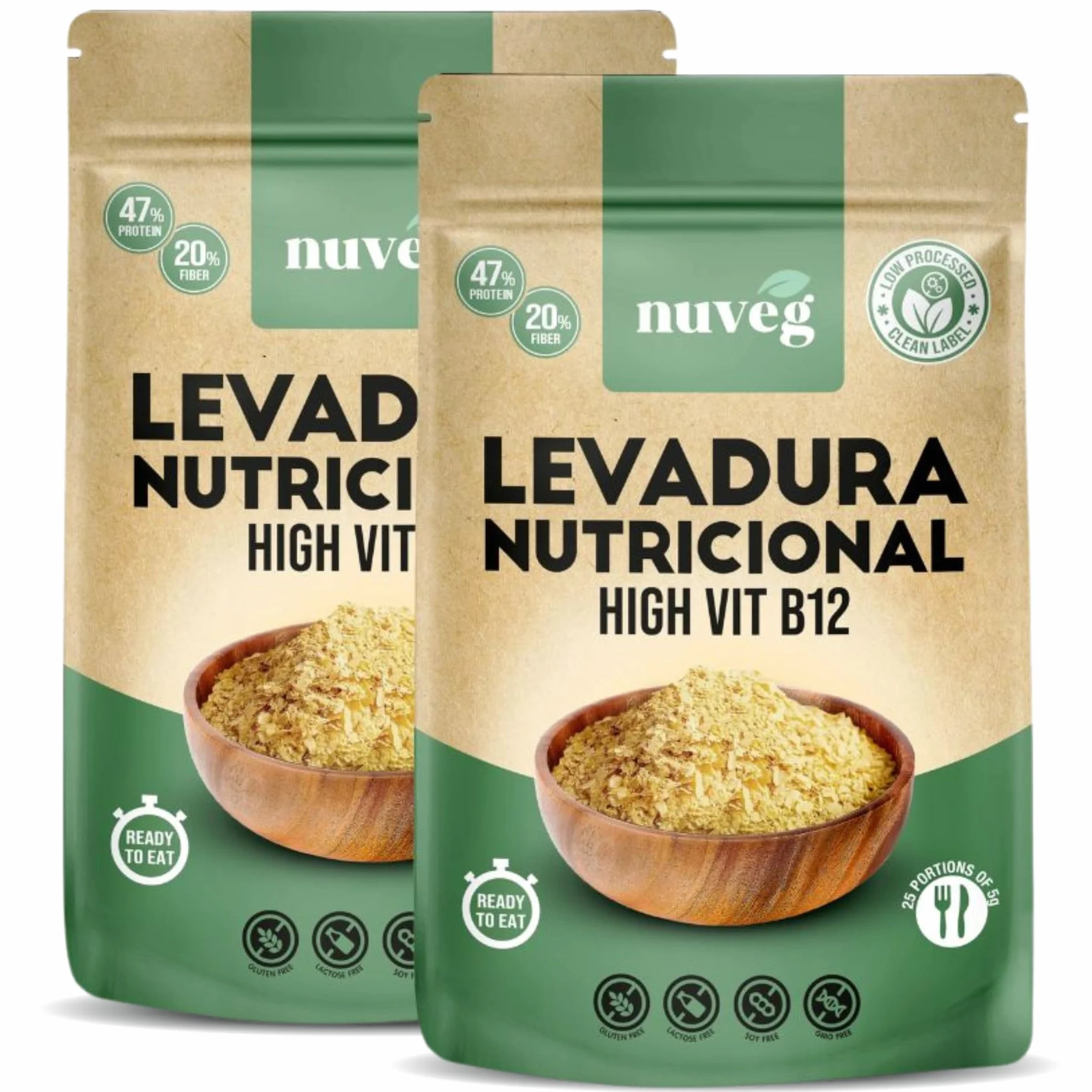 NUVEG Levadura Nutricional B12, Copos 250g Pack 2, Sin Gluten, Alto en Fibra y Proteínas 47%
