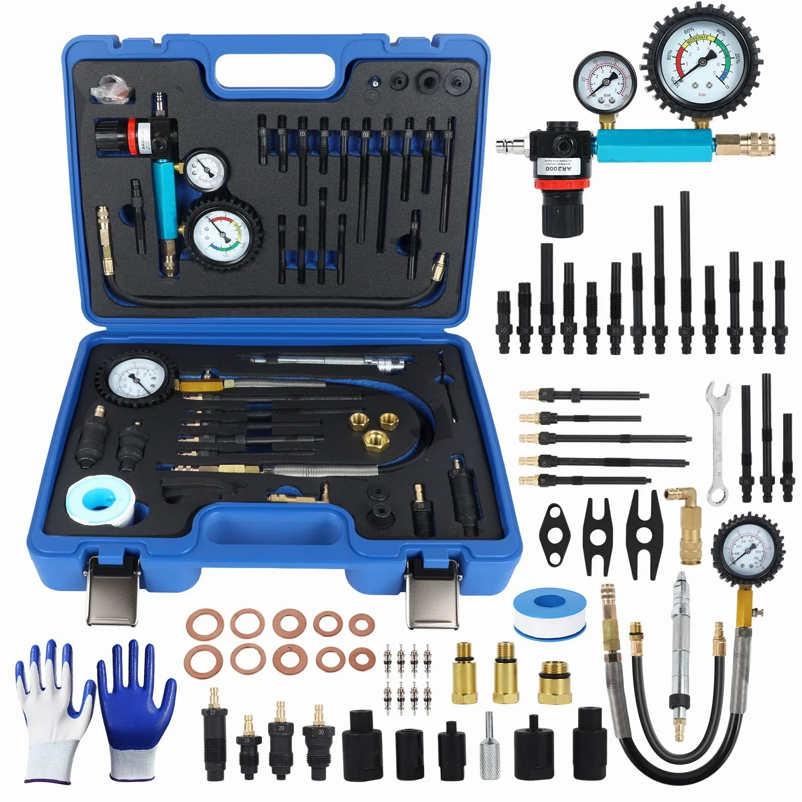 47 Piezas Comprobador de Compresión para Motores de Gasolina y Diésel, Comprobador de Compresión Diésel de 0 a 50 Bar, Kit de Probador de Fugas de Cilindros de Doble Calibre para HDI, TDCi, Motor Pum