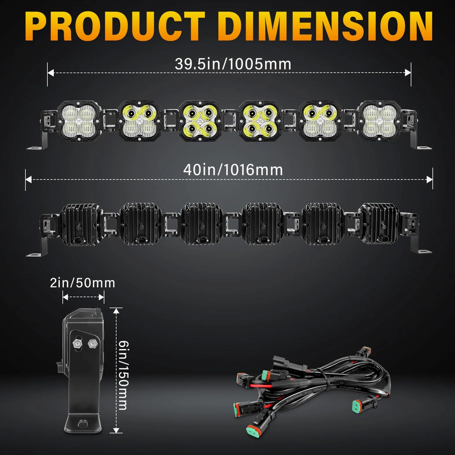 RIGIDON 40 pulgadas 102 cm 180W 15000LM Barra de luz led y 12V kit de cableado, Curva Recta Barras luminosas led para off road todoterreno camión coche ATV SUV 4x4, IP67 Impermeable 6000K Blanco