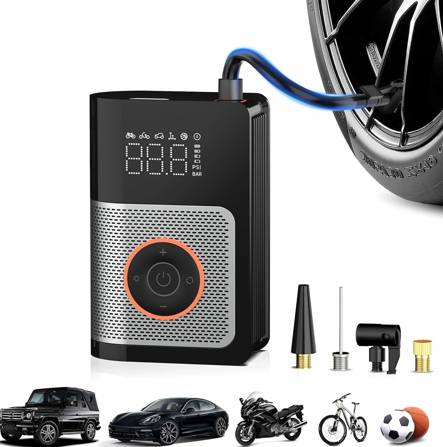 Bomba de aire eléctrica, bomba de aire eléctrica con batería de 150 psi, bomba de aire eléctrica con pantalla LED, 6 modos, bomba de aire para coches, motos, bicicletas y pelotas, PowerPump 360