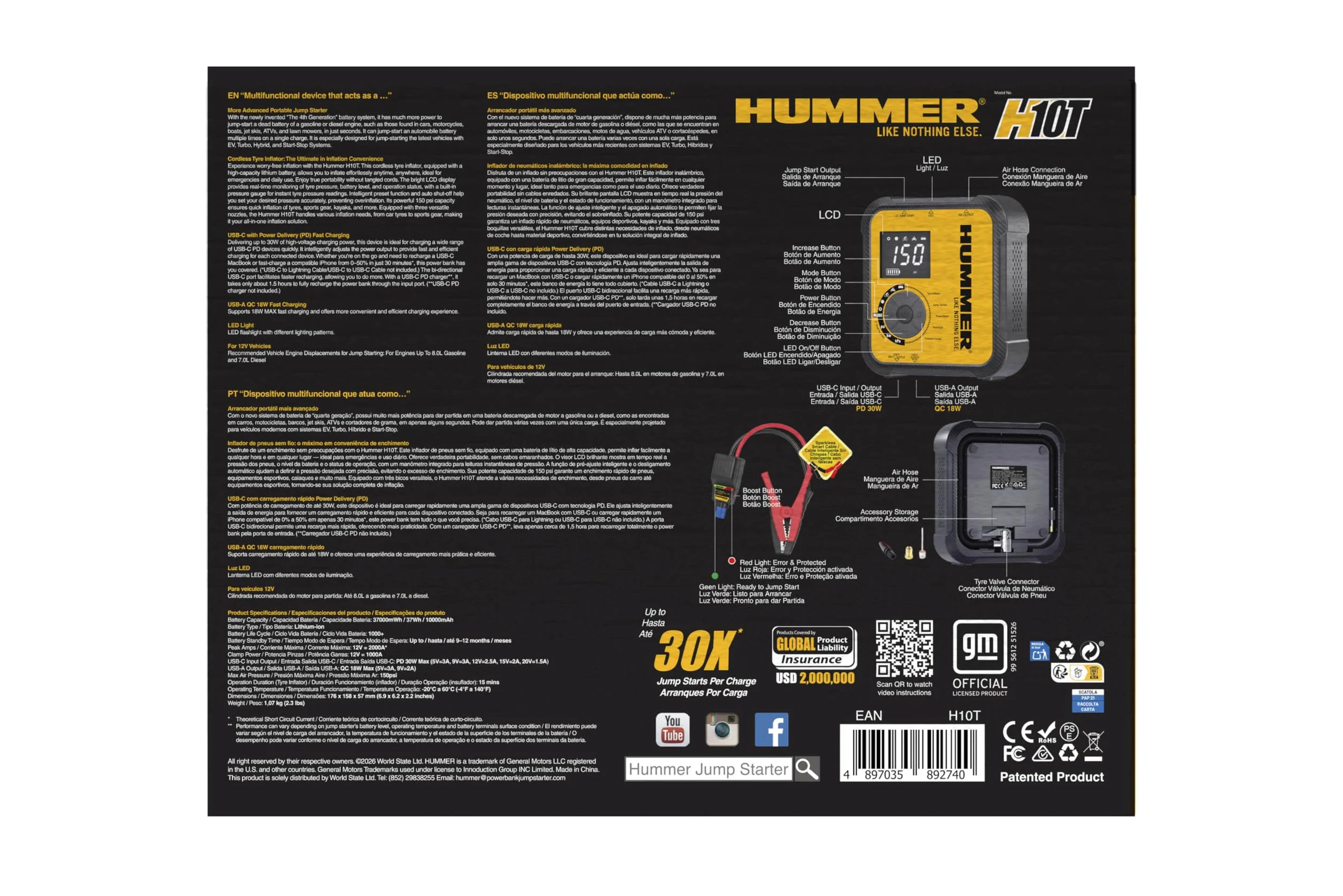 Hummer H10T Arrancador Multifuncional 10000mAh con Compresor 150 PSI, Jump Starter 2000A para Motores Gasolina 8.0L y Diésel 7.0L, Inflador Inalámbrico, Power Bank USB-C PD 30W y USB-A QC 18W