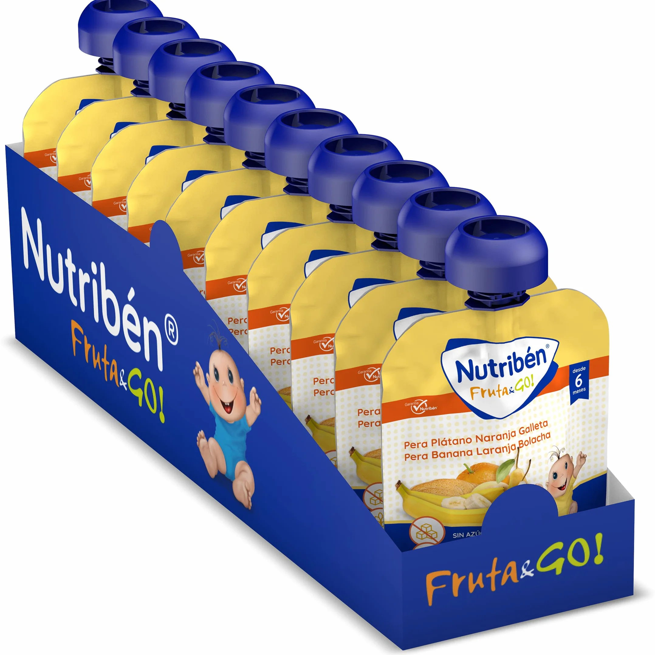 Nutribén Fruta And Go Bolsita de Puré de Frutas 100% Natural Pera Plátano Naranja y Galleta Pack 10 x 90g