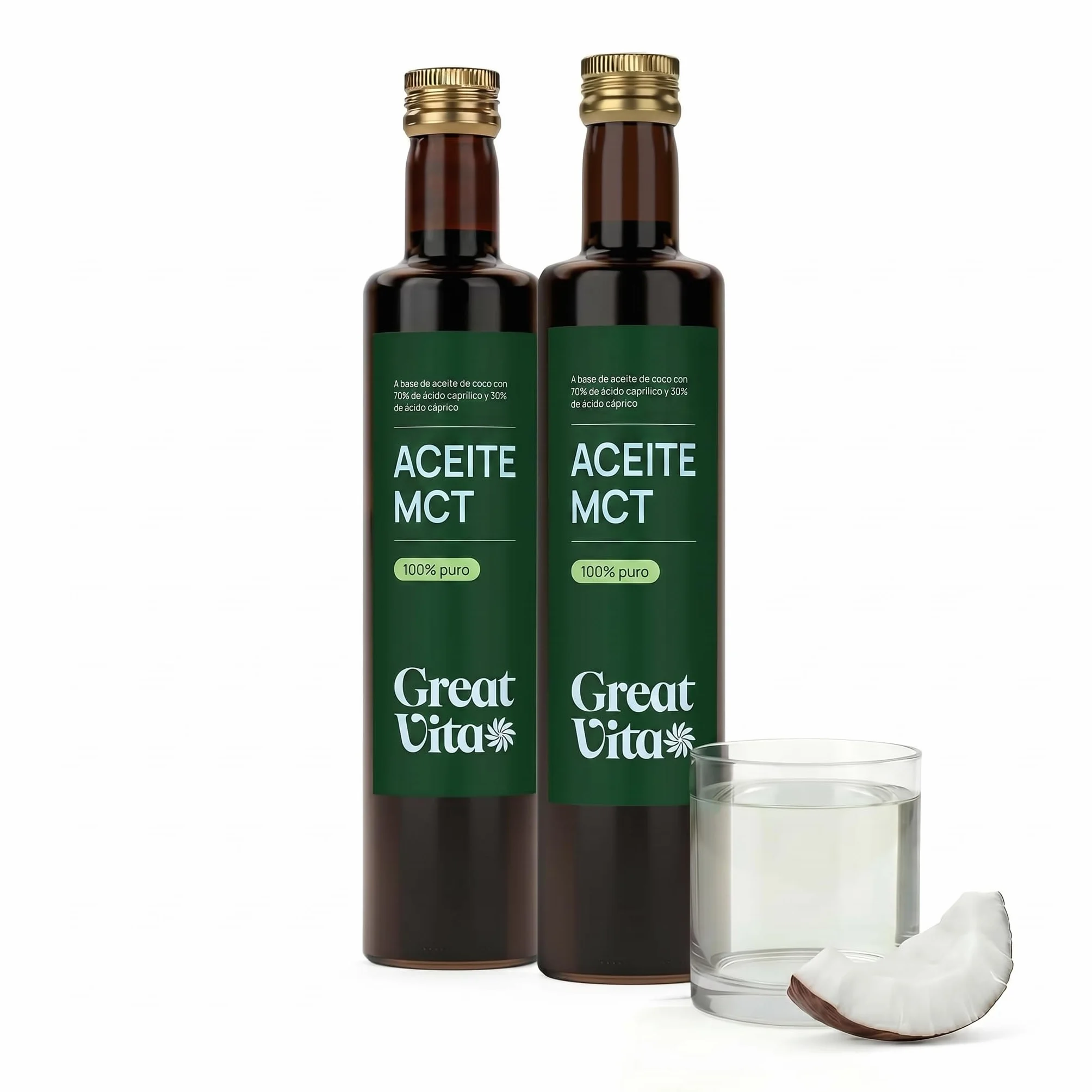 MeaVita Aceite MCT C8 + C10, MCT Oil 70% C8 - Pack 2x 500ml (1 Litro), Aceite de Coco para Café Bulletproof Keto