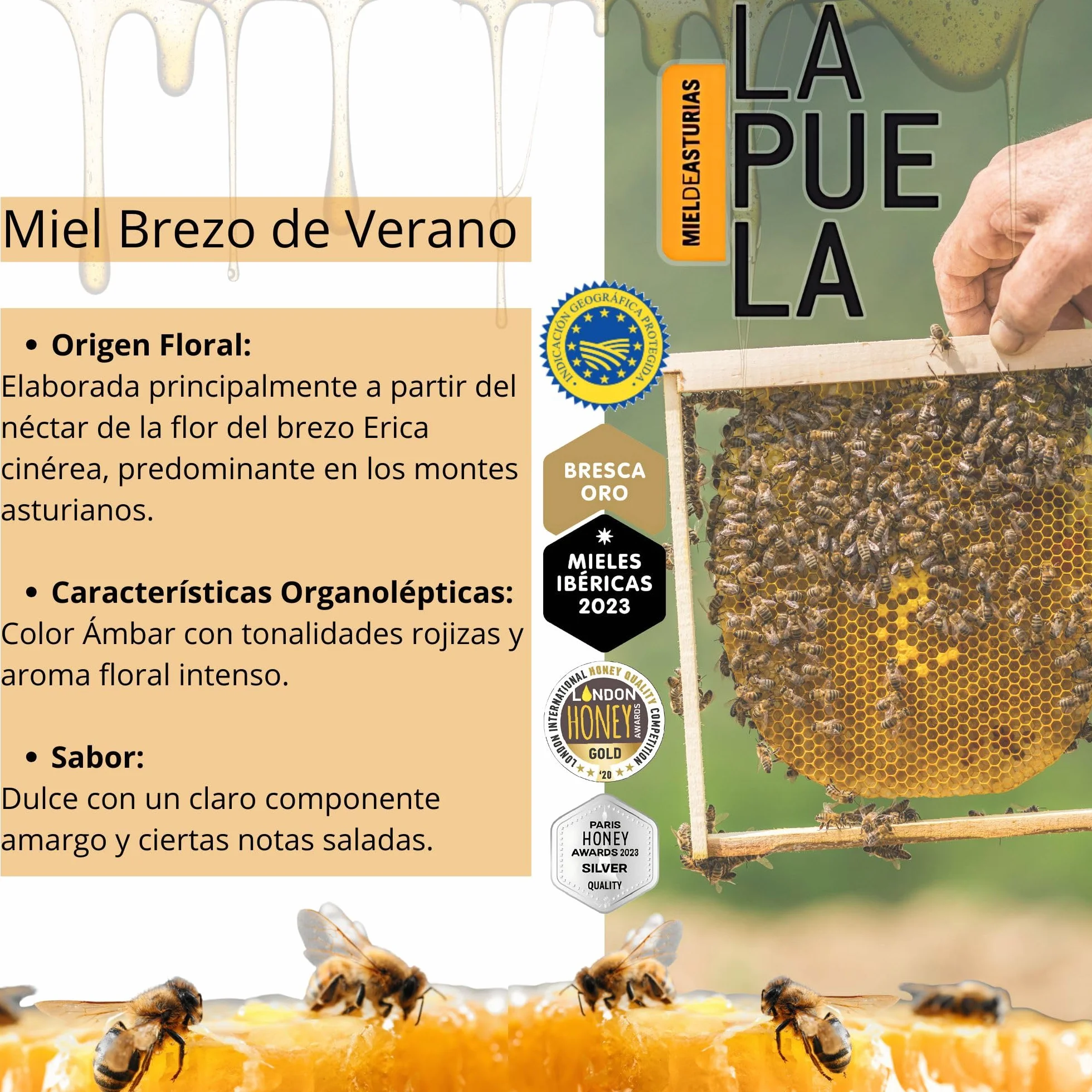 LAPUELA Miel de Brezo Verano 100% Natural Pura de Abeja Aroma Floral Intenso Sabor Dulce Equilibrado Producción Artesanal Asturias