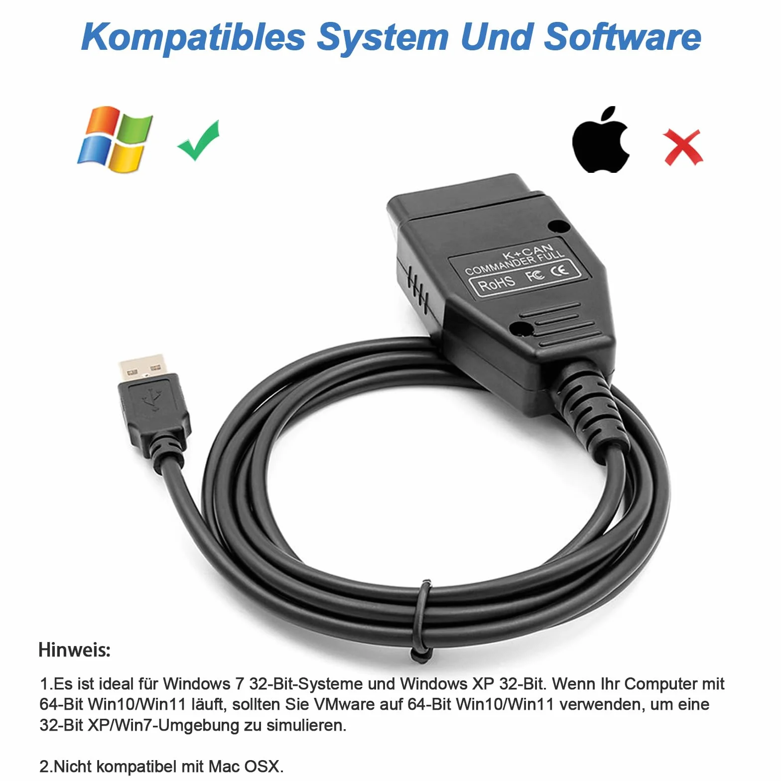 para K Can Commander v1.4 Cable OBD2 a USB,para vehículos BMW/Audi/Skoda/Seat/Nissan,Compatible con k+Can Commander 1.4 y Herramienta de escaneo de Software de programación ECU V-vvTOOL