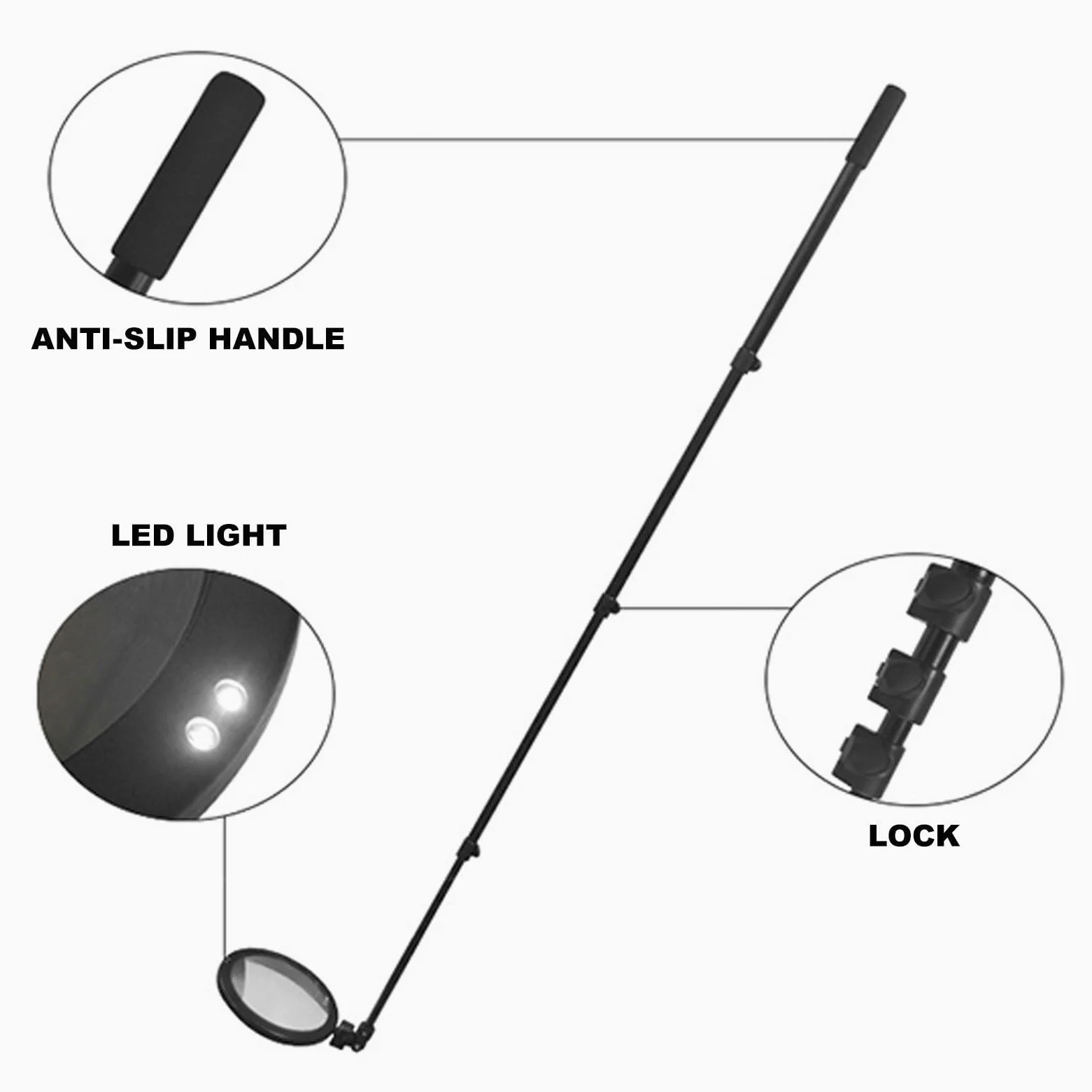 Espejo De Inspección Portátil para Bajos De Vehículos, con Luz Led, Espejo Acrílico De 160 Mm Y Mango Retráctil De 52-160 Cm, Espejo De Inspección Extensible, Herram