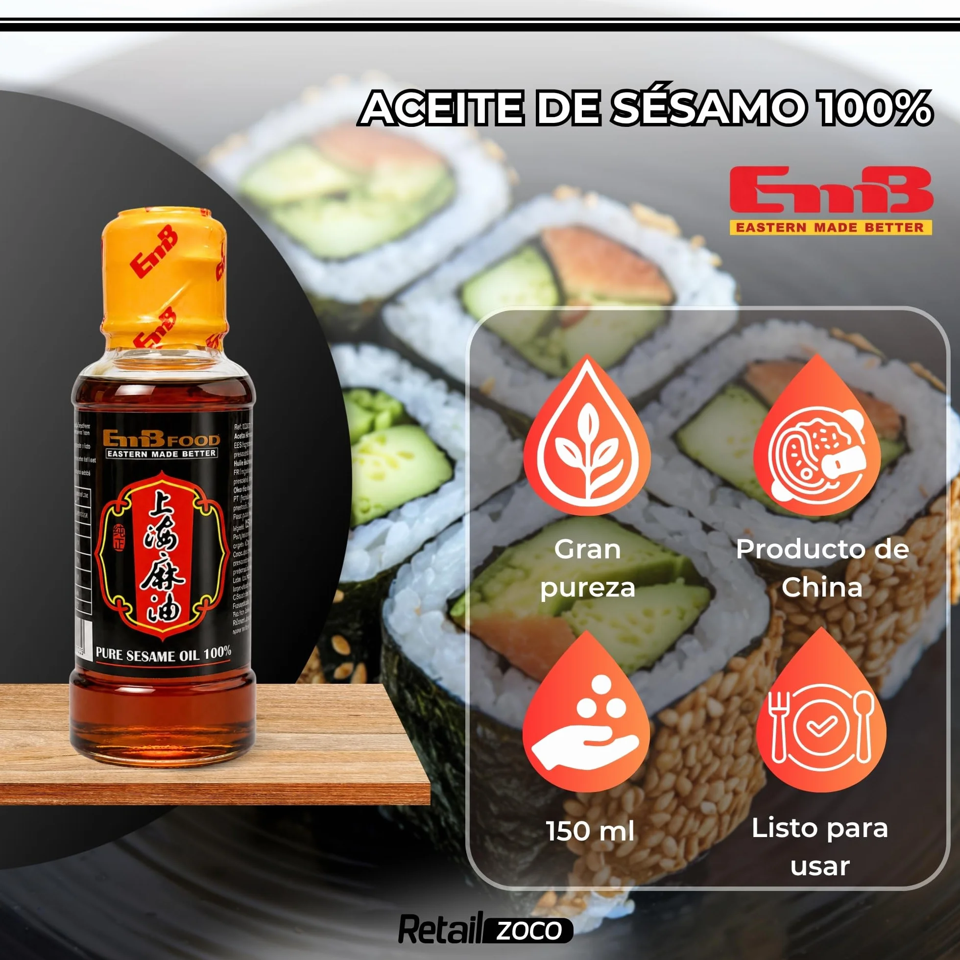 Aceite de Sésamo Puro 100% Tostado, 150 ml, para Wok, Ramen, Sushi