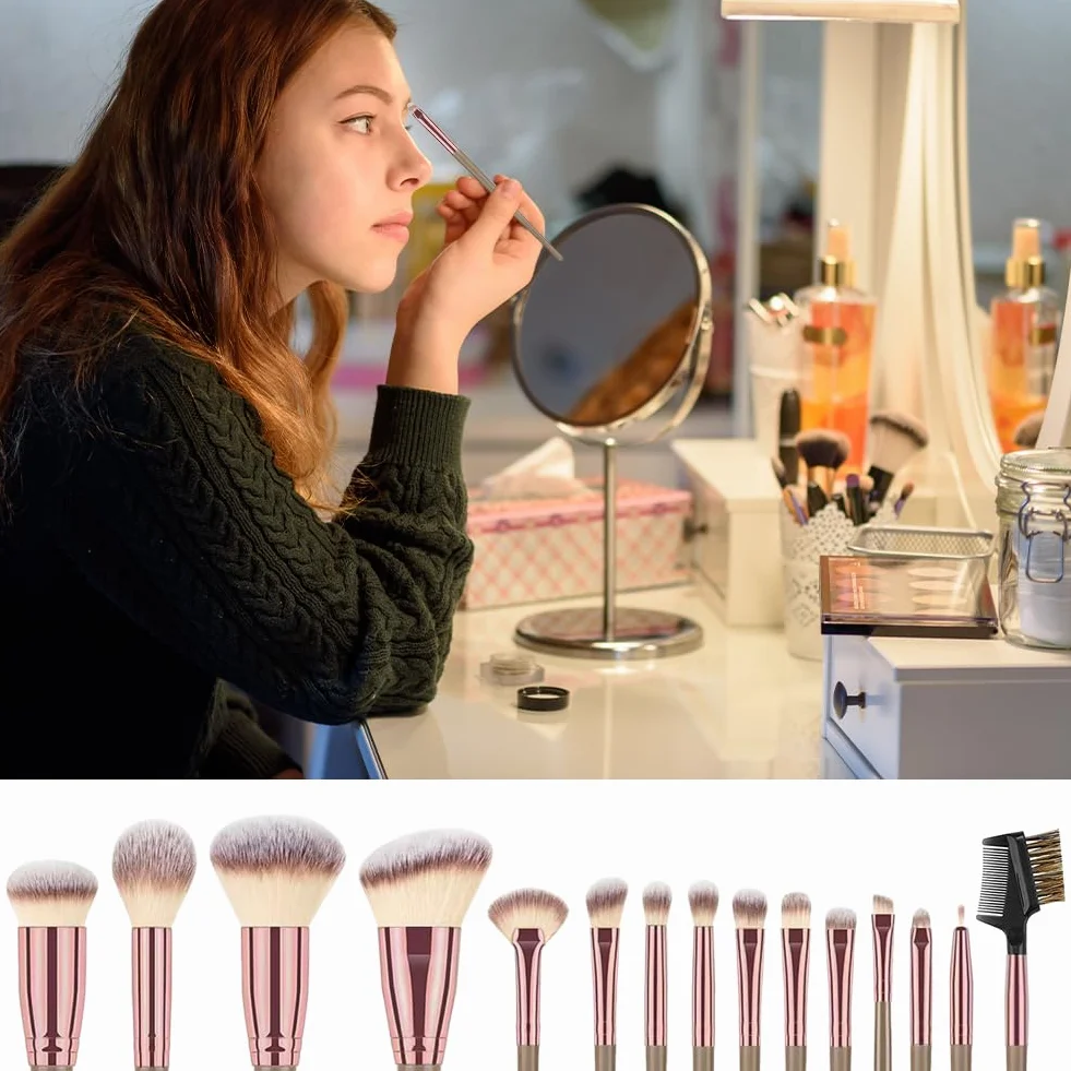 Vicloon Set de Brochas de Maquillaje 15 Piezas Profesional con Soplos de Polvo Marrón