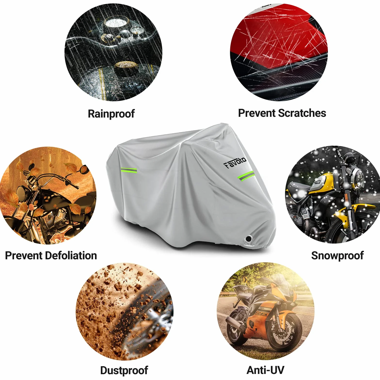 Favoto Funda para Moto Cubierta de la Motocicleta 210D Oxford Sellado Térmico de Costura a Prueba de Polvo Lluvia Viento Hojas Excrementos de Aves al Aire Libre, XXL 245x105x125cm Plata