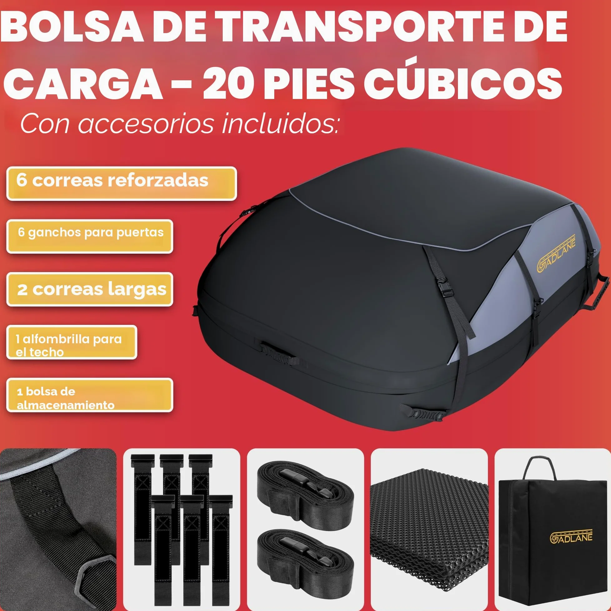 GADLANE Bolsa de Techo para Coche 550L, Impermeable, para automóviles con/sin portaequipajes con 6 Correas Resistentes, Alfombrilla Antideslizante y Bolsa de transporta para automóviles (Gris/Negro)
