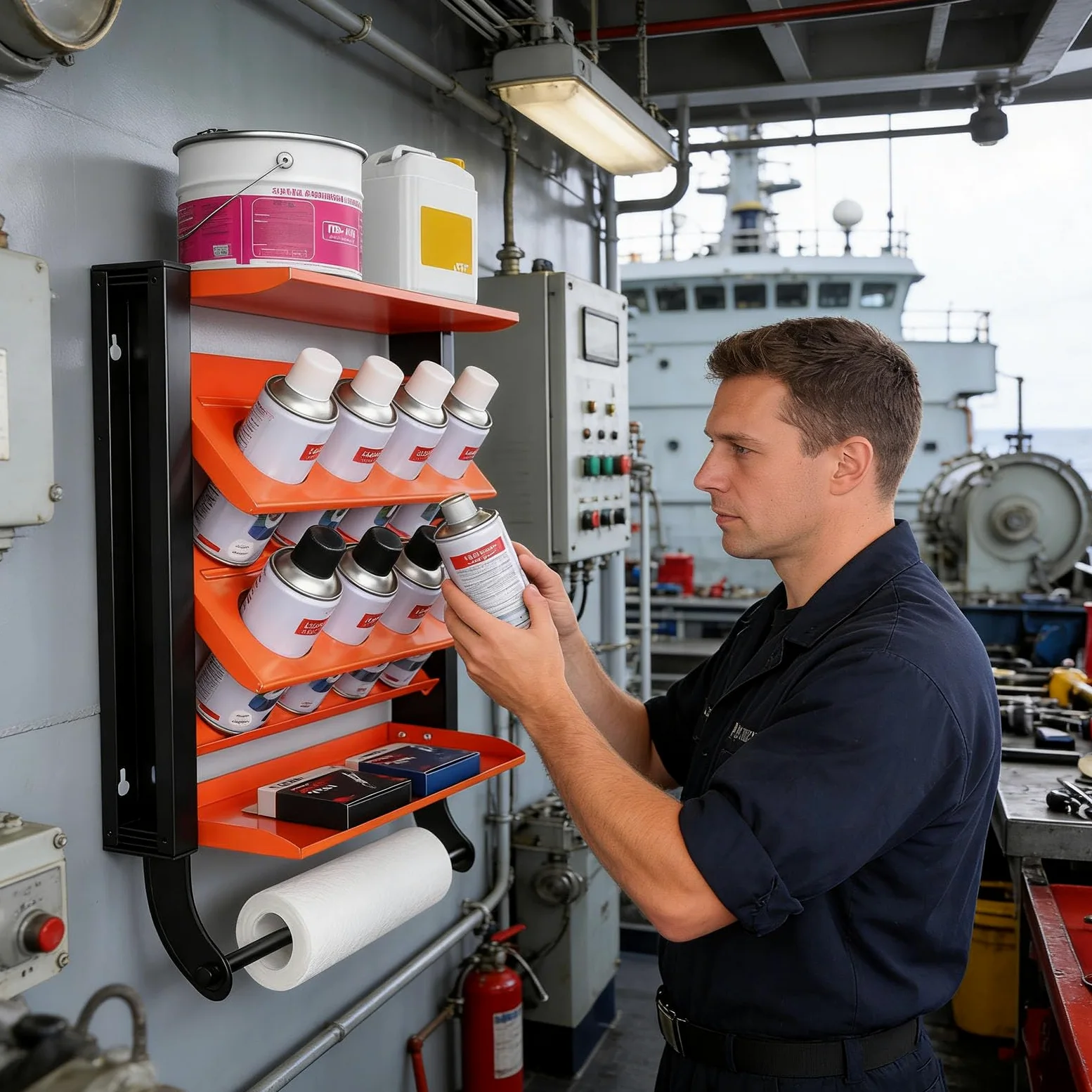 Organizador de pared para botellas de pintura, 8 soportes para latas, 2 estantes, barra de toalla para almacenamiento, fácil instalación