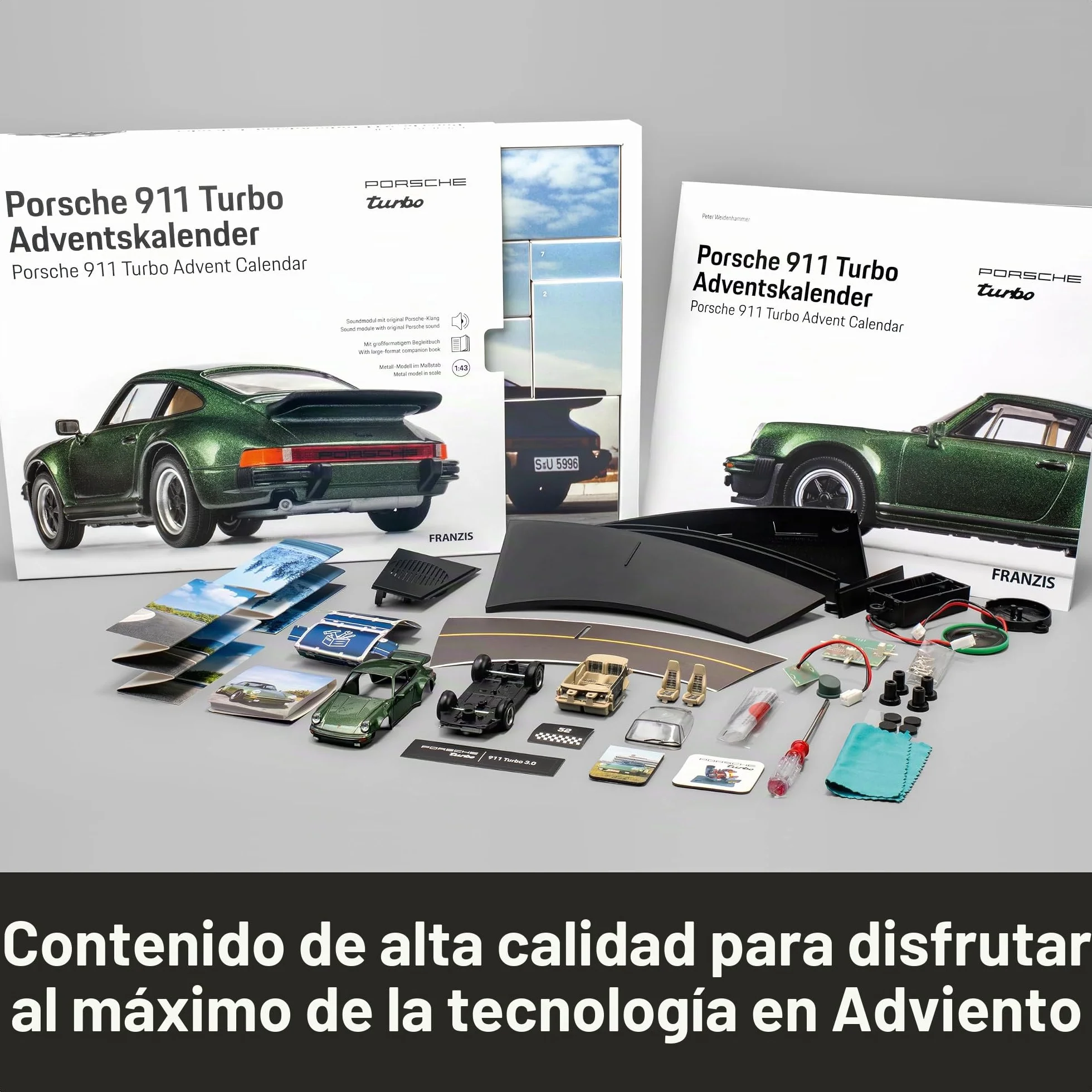FRANZIS Calendario de Adviento Porsche 911 Turbo 67233 escala 1:43 módulo de sonido libro 52 páginas
