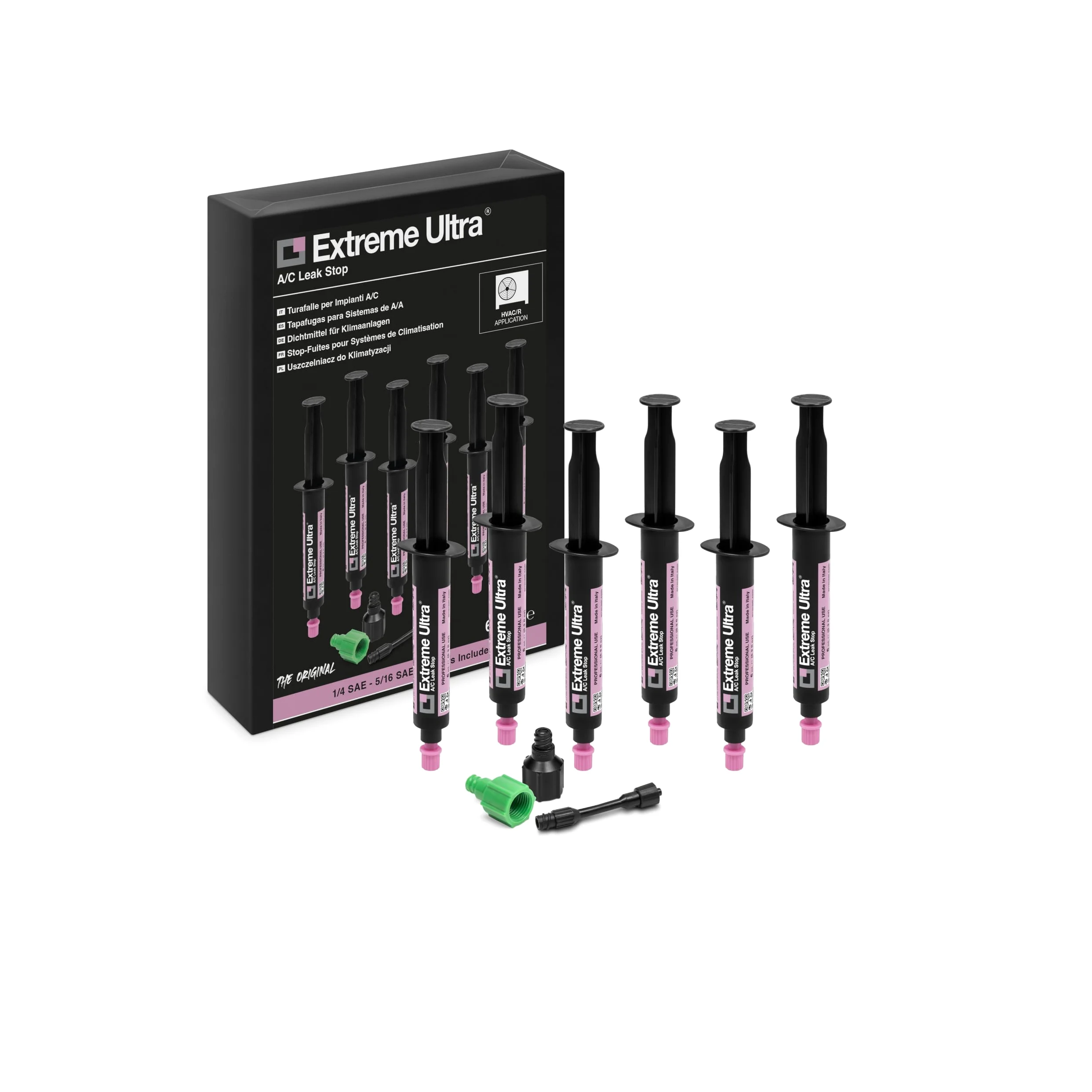 Errecom Extreme Ultra - 6 x 6 ml, Sellador de Fugas para Sistemas de Aire Acondicionado y Refrigeración, incluye les adaptadores 1/4 SAE y 5/16 SAE (R410a, R32)