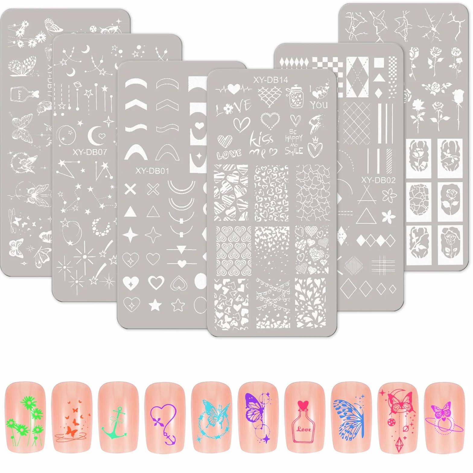 MWOOT 6 Piezas Estampador de Uñas, Placas de Estampación, Kit Manicura Francesa con Motivos Geométricos Flor Corazón