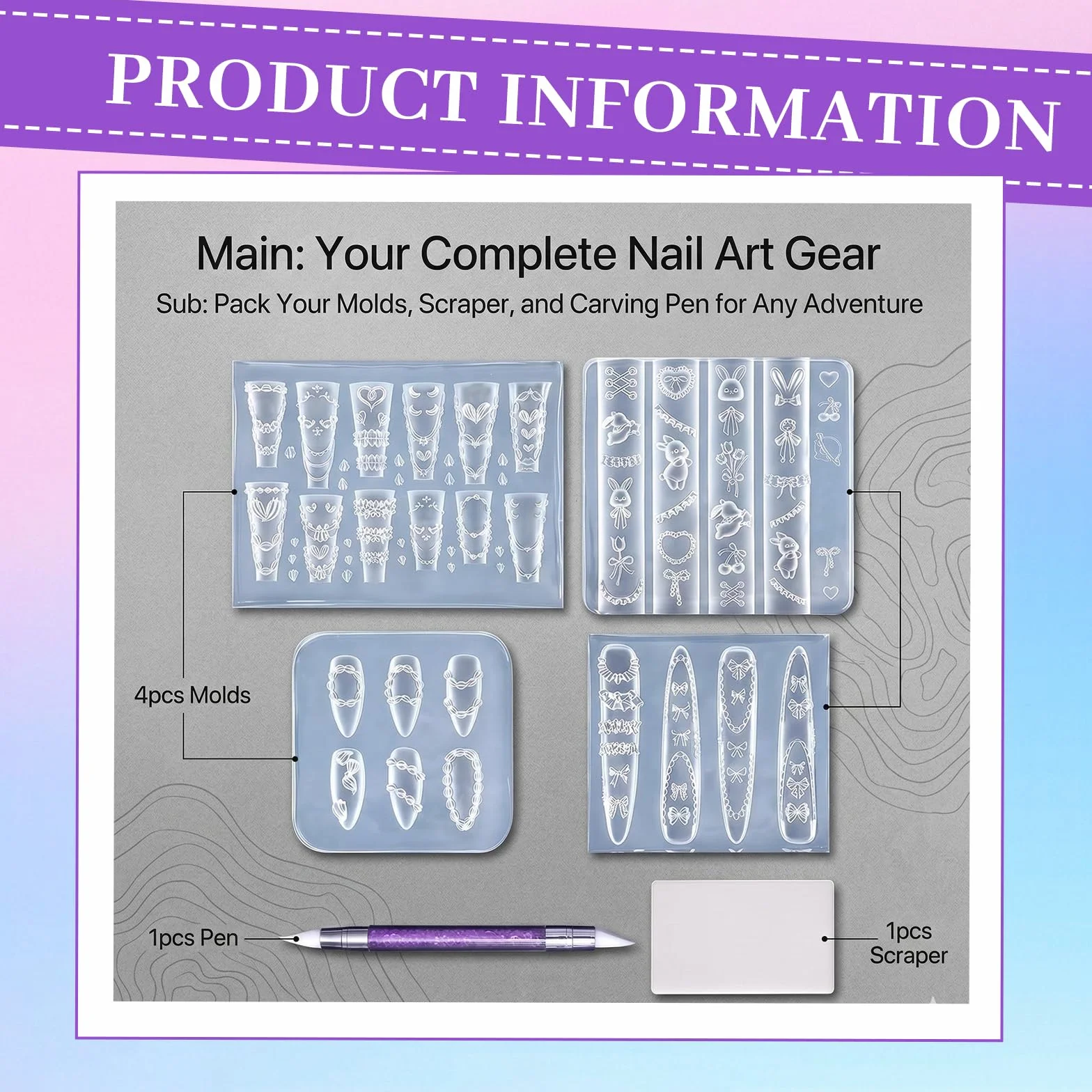 Moldes para Uñas 3D Gel Nail Art Set 4 Piezas Silicona Plantillas de Estampado