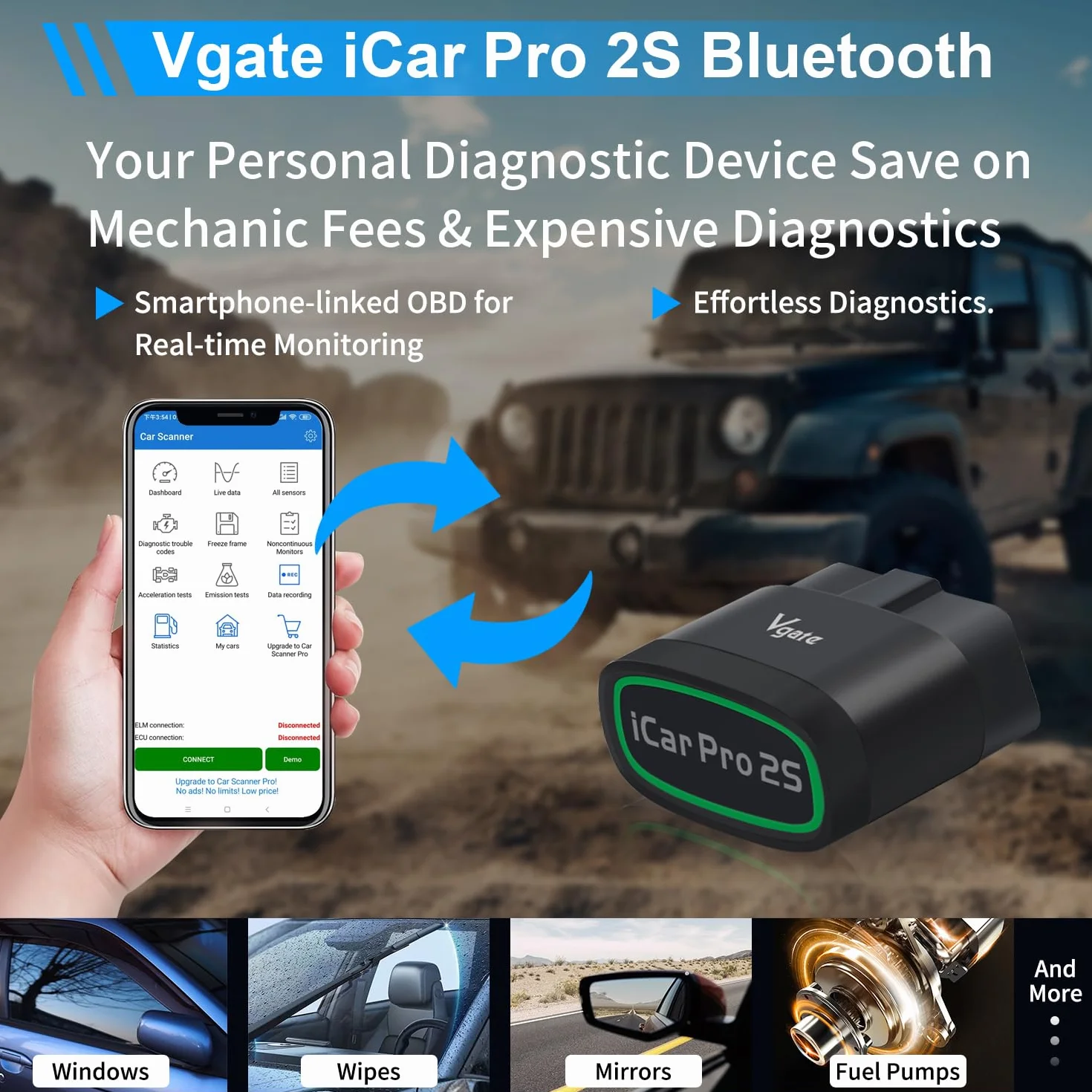 Vgate iCar Pro 2S Bluetooth Herramienta de diagnóstico OBD2 para iOS, Android y Windows Herramienta de escaneado para vehículos eléctricos e híbridos