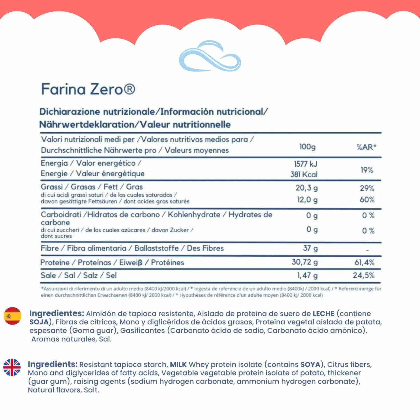 Nuvola Zero Farina Zero Sin Gluten 180g Paquete 3 Piezas para Pasta Pizzas Pasteles Pan