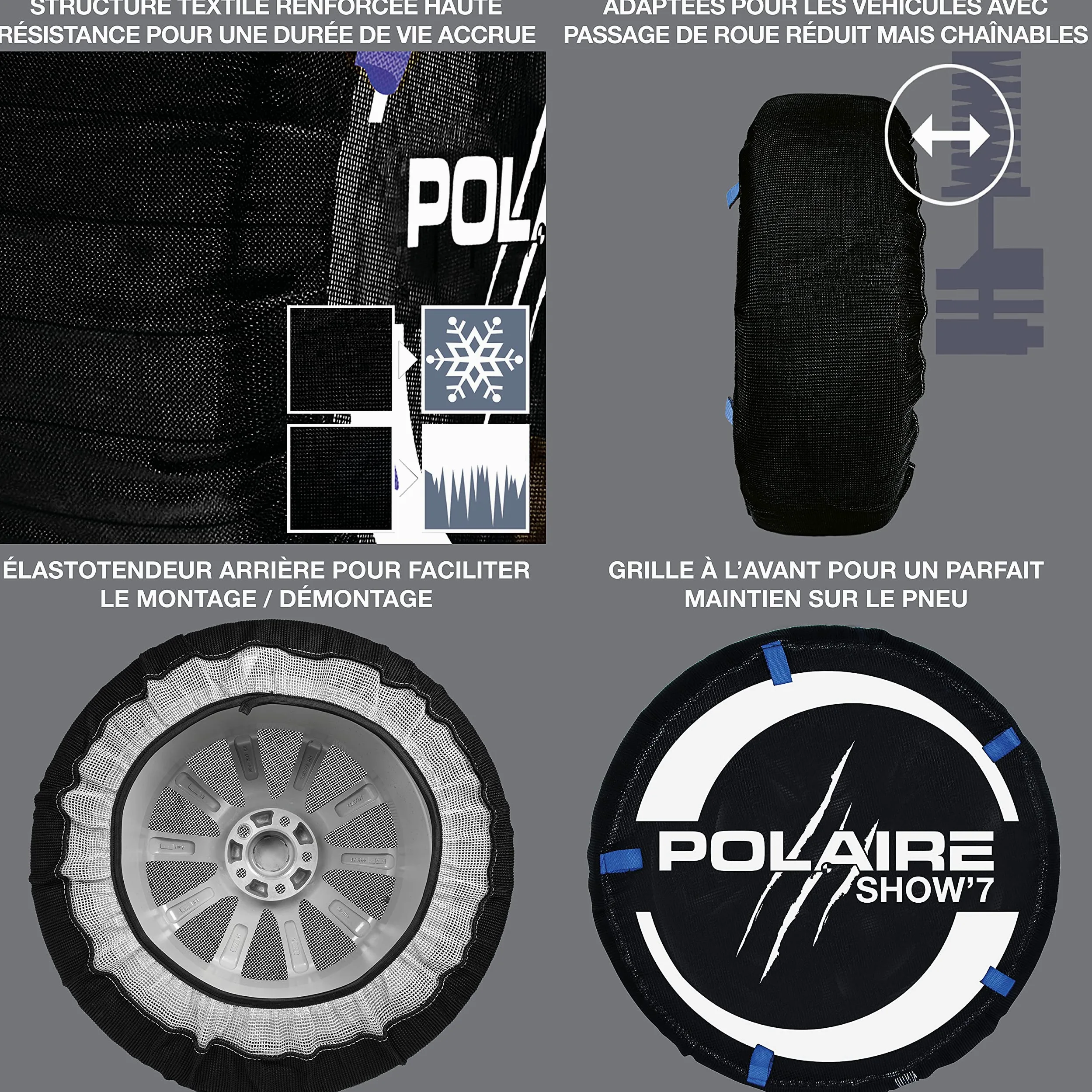 Polaire SHOW 7 – Par de cadenas textiles para nieve de alta resistencia para vehículos utilitarios ligeros y 4 x 4 – Tipo calcetín – Silencioso y ligero – Incluye caja de transporte y guantes