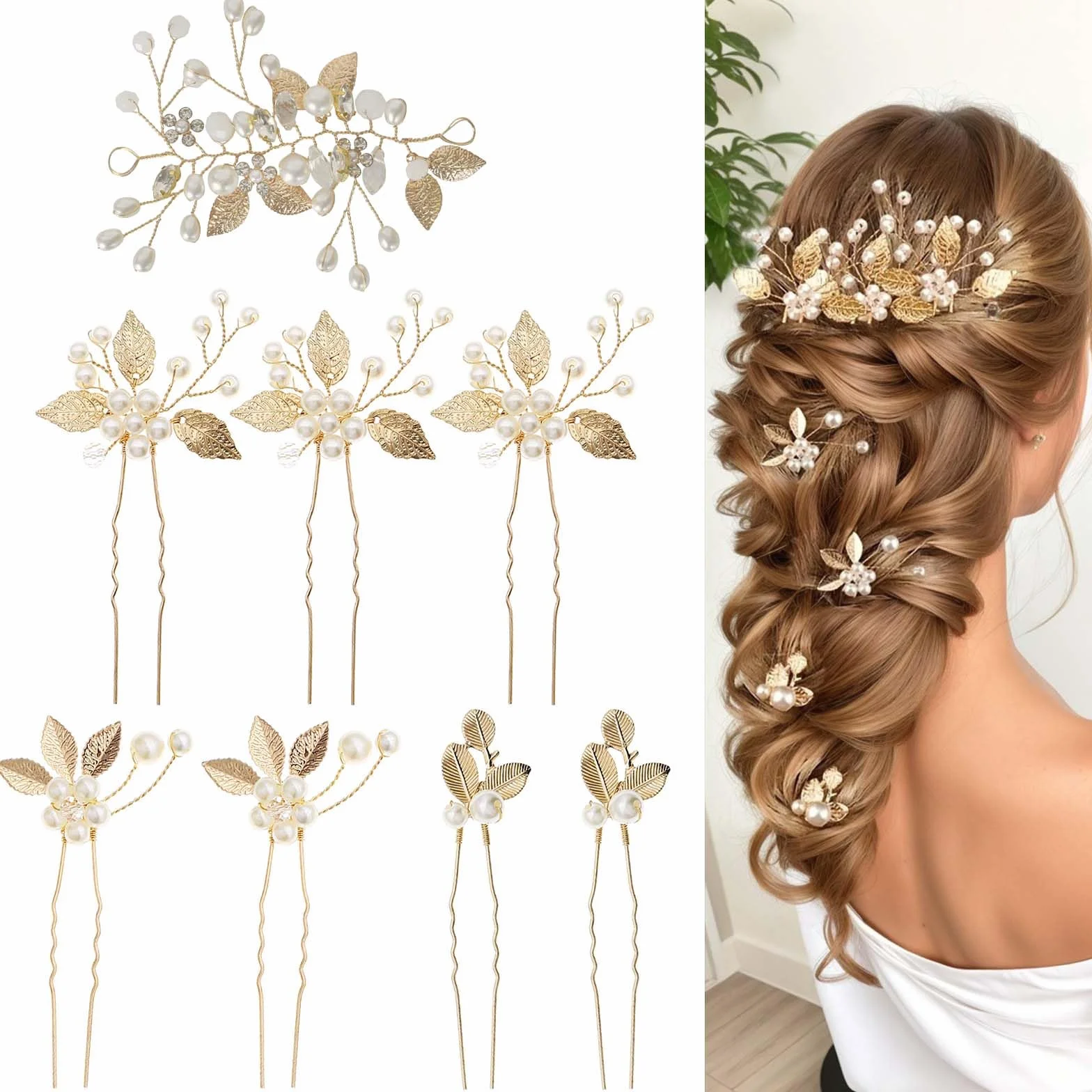 Horquillas para el pelo de novia, perlitas de cristal doradas