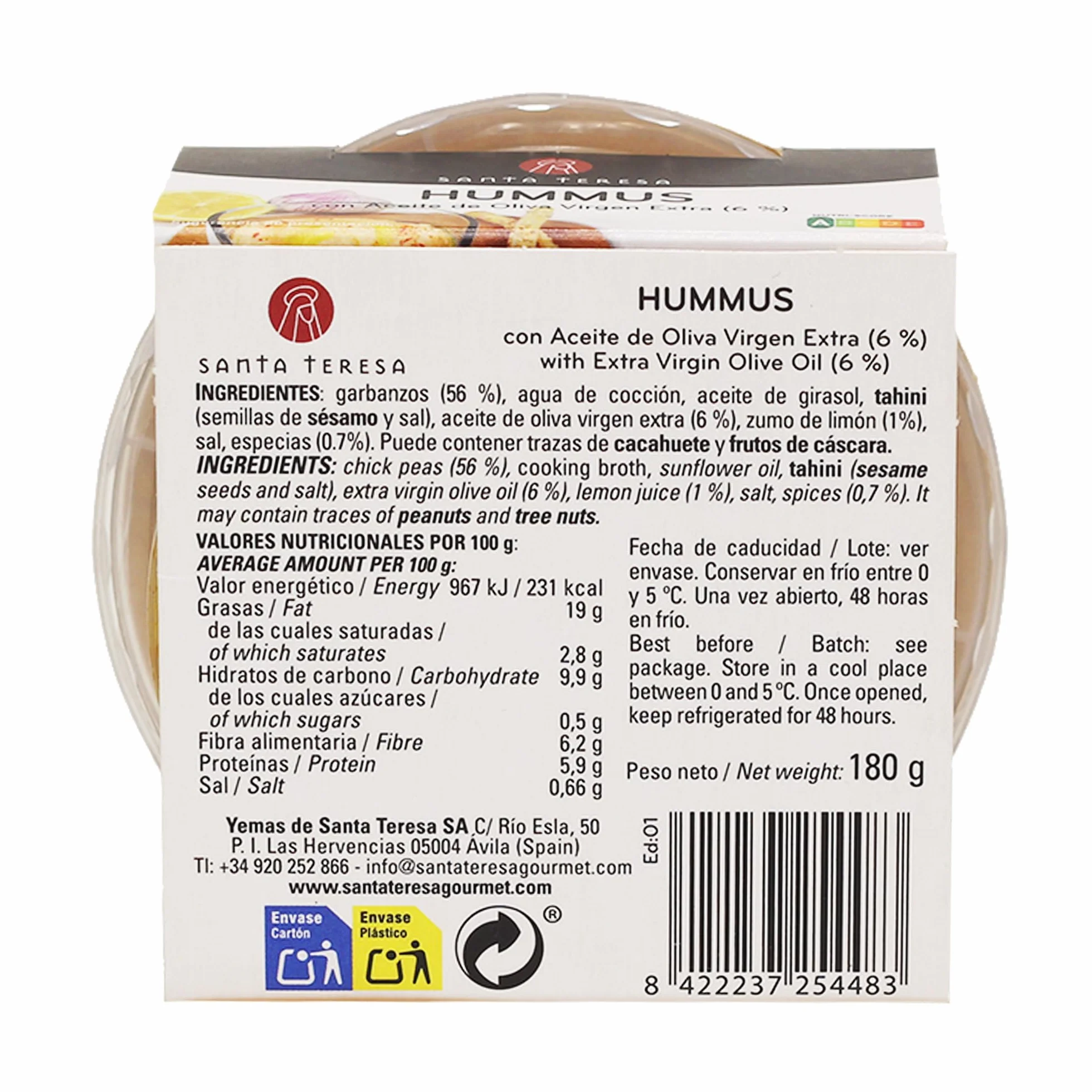 Santa Teresa Hummus con Aceite de Oliva Virgen Extra 180 Gramos