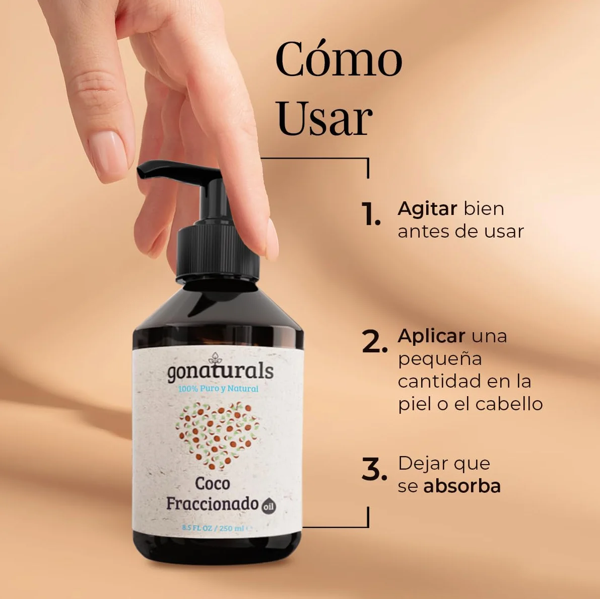GoNaturals Aceite de Coco Fraccionado 250ml 100% Puro Hidrata Piel Cabello Uñas Desmaquillante Natural
