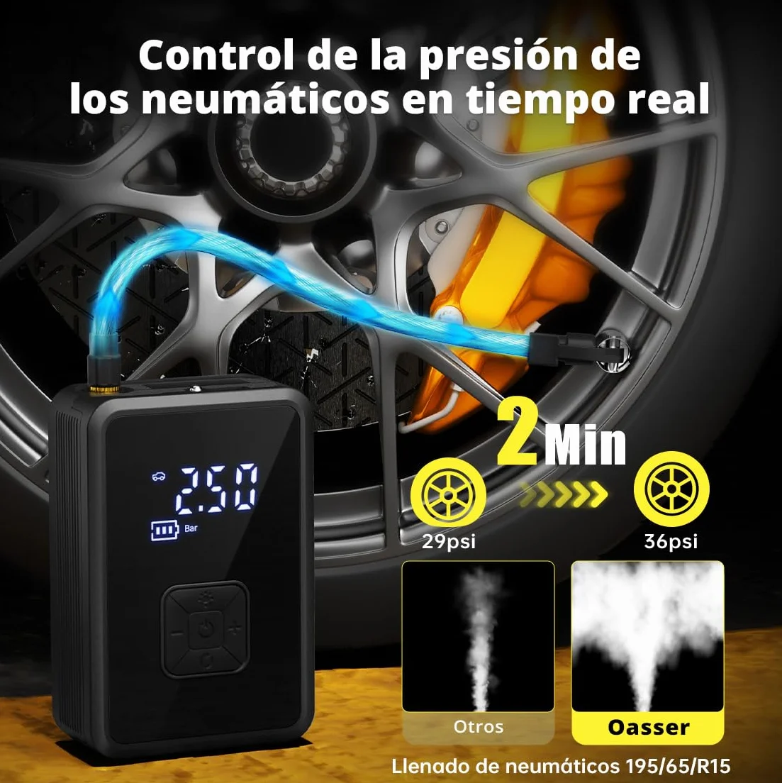 Oasser Compresor Aire Portatil 150PSI Inflador Ruedas Coche Recargable Compresor de Aire Pequeño Luz LED para Coche Moto Bicicleta Pelota