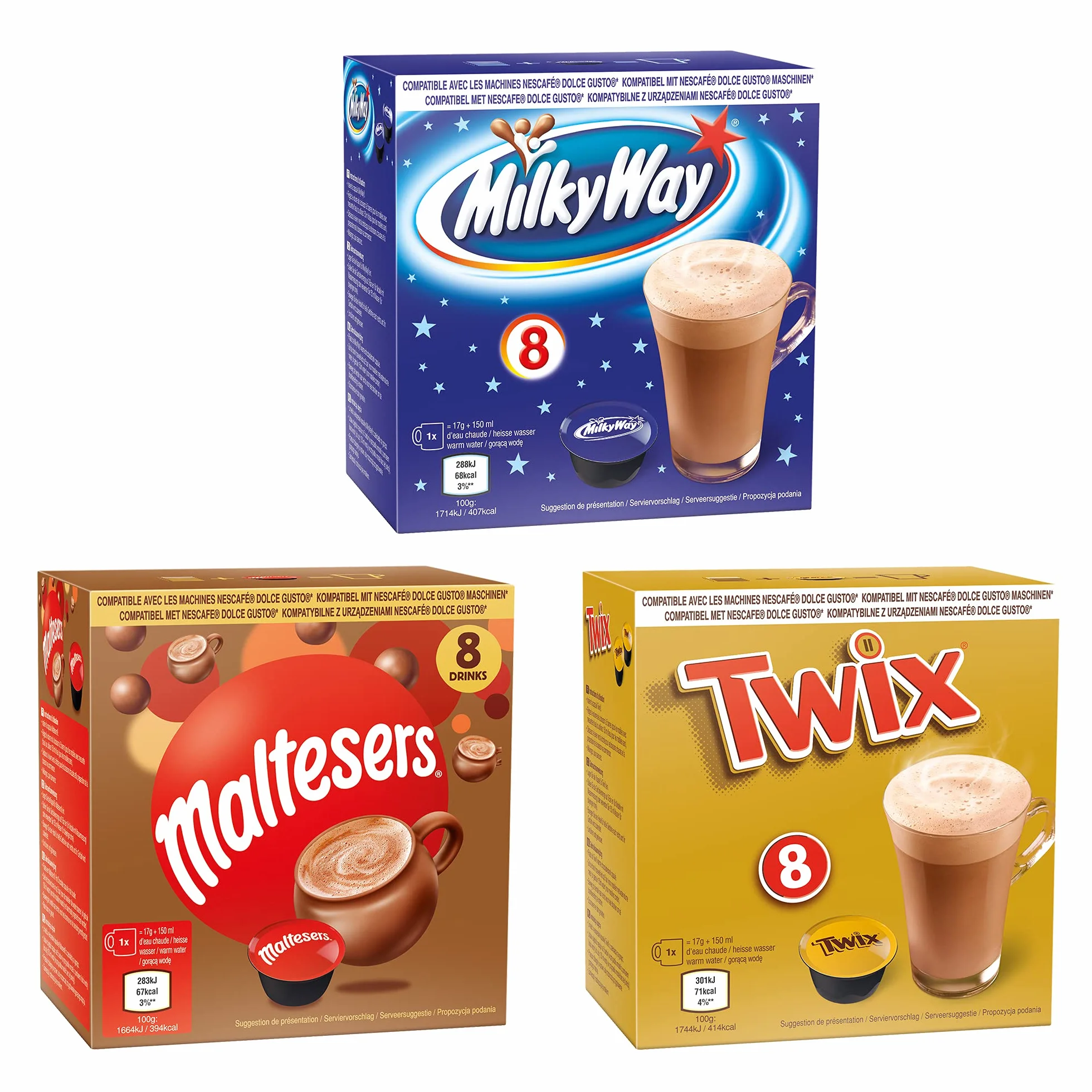 Cápsulas de Chocolate Caliente Compatibles Dolce Gusto Mars Twix Milkyway 24 Unidades