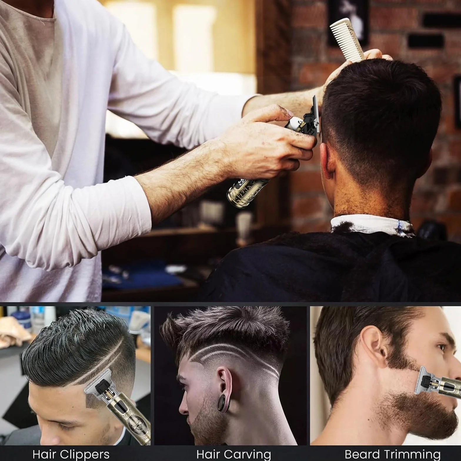 Máquina de Cortar Pelo Profesional Cortapelos Hombre Barba Cuchilla T Zero Gap Recargable USB Impermeable 4 Peine 1.5-4mm