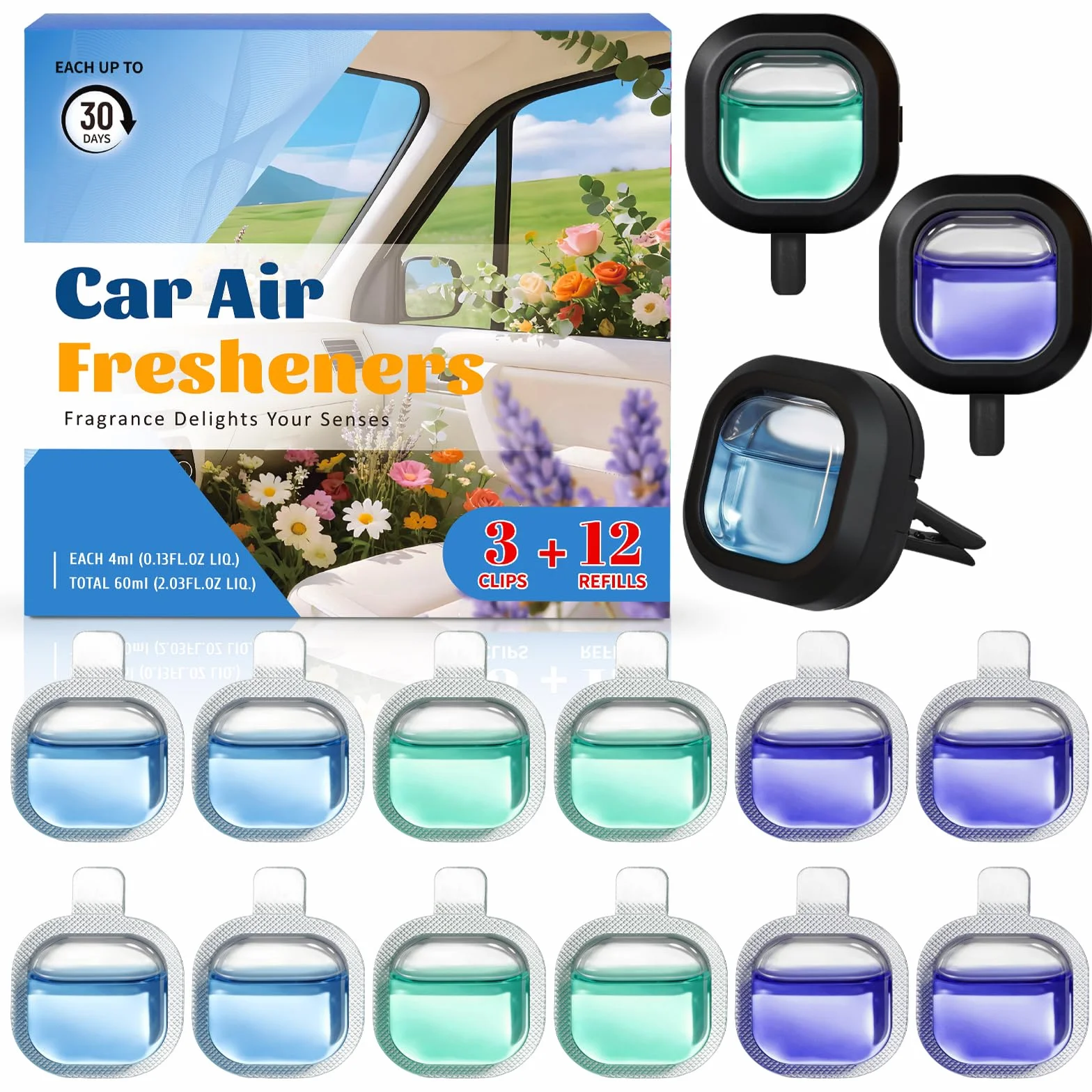 SCENTORINI Ambientador Coche, Perfume para Coche con 3 Clip y 12 Recargas, Fragancia de Brisas Marinas y Coche Nuevo y Lavandas Ambientador de Coche para Eliminar Olores Perfume Durante 30 Días