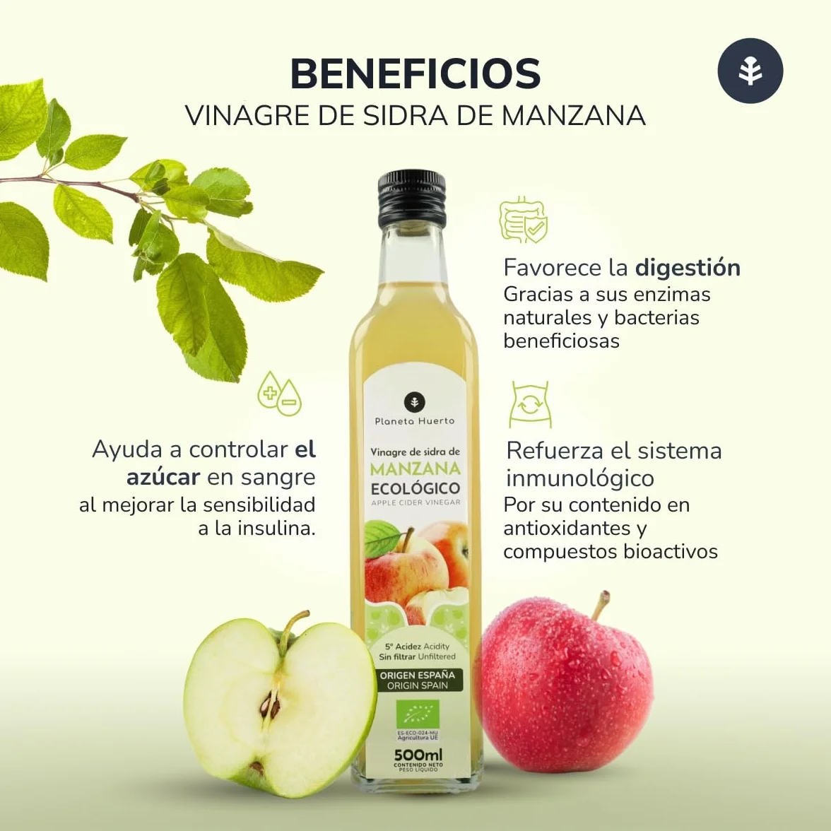 PLANETA HUERTO Vinagre de Sidra de Manzana Sin Filtrar ECO 2x500 ml
